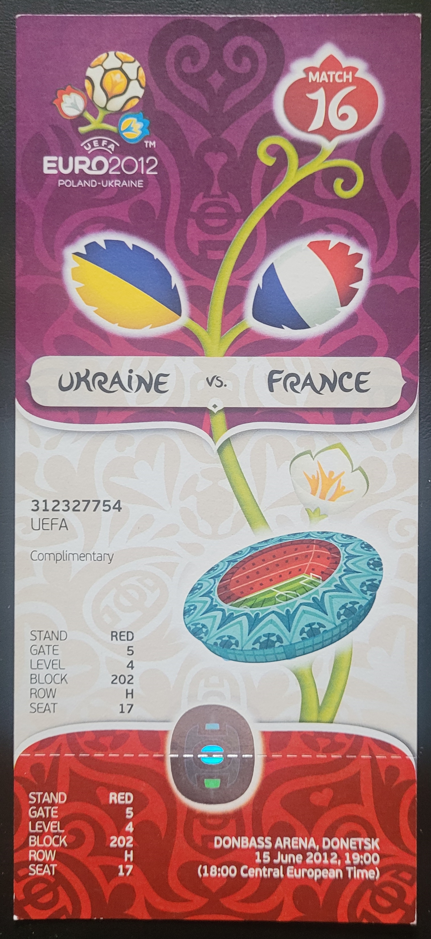 EURO 2012 UKRAINE V FRANCE UNUSED TICKET