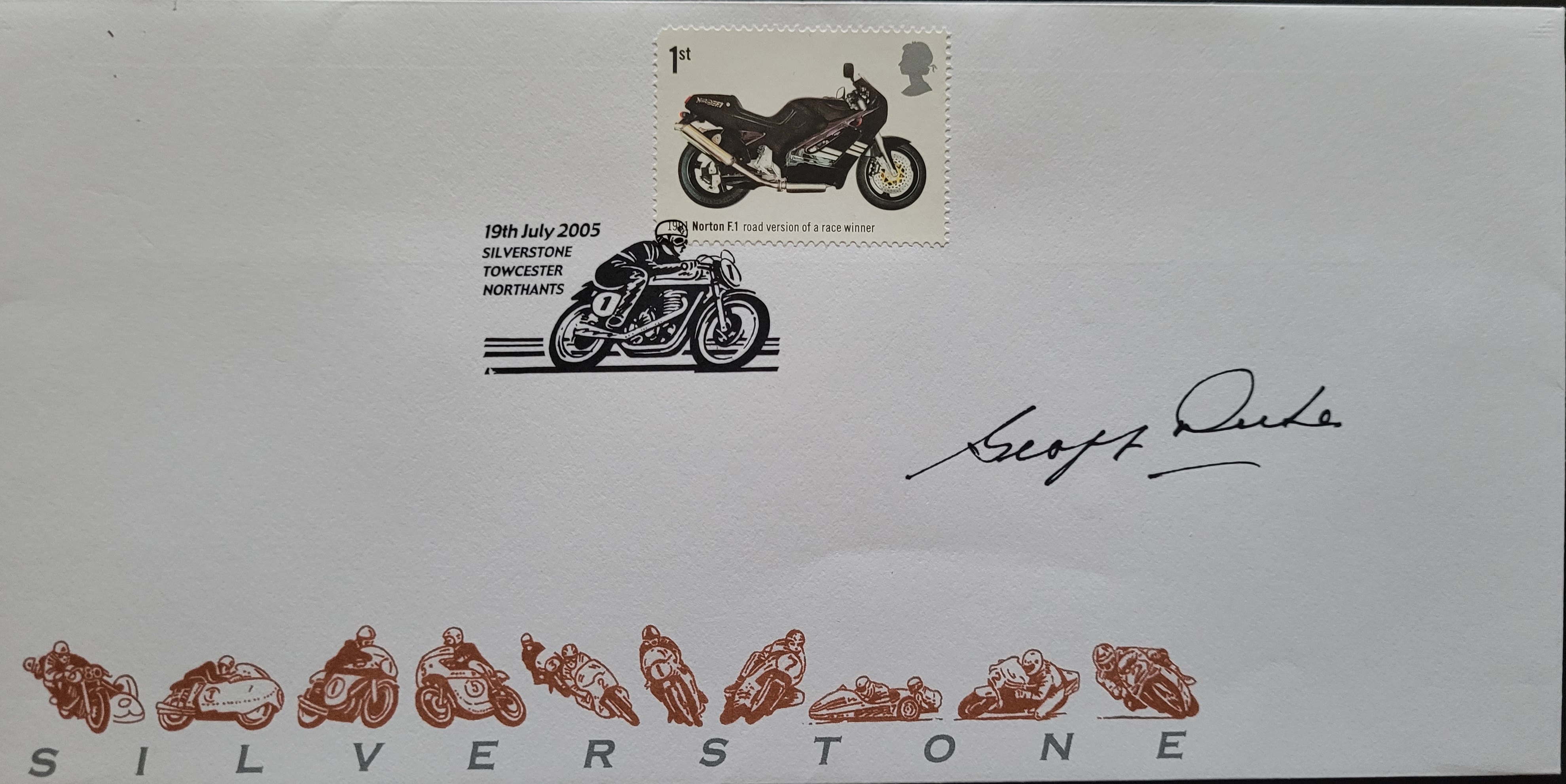 MOTORCYCLE RACING SILVERSTONE LIMITED EDITION POSTAL COVER AUTOGRAPHED BY GEOFF DUKE