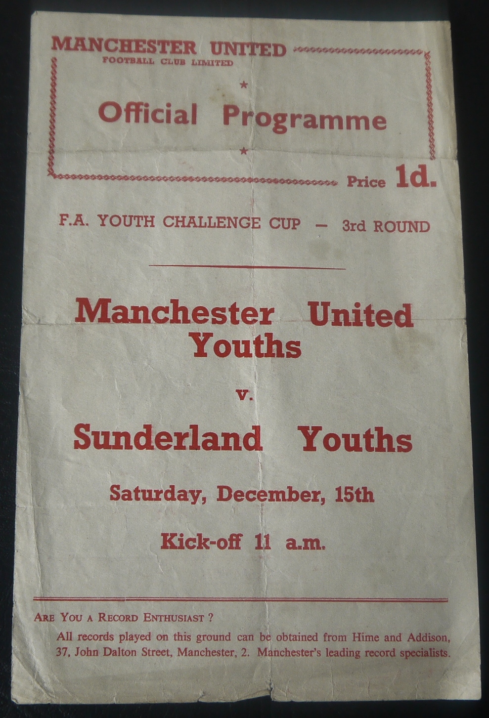 1956-57 MANCHESTER UNITED V SUNDERLAND FA YOUTH CUP