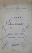 CRICKET 1959 INDIA DINNER MENU WITH 8 SIGNATURES