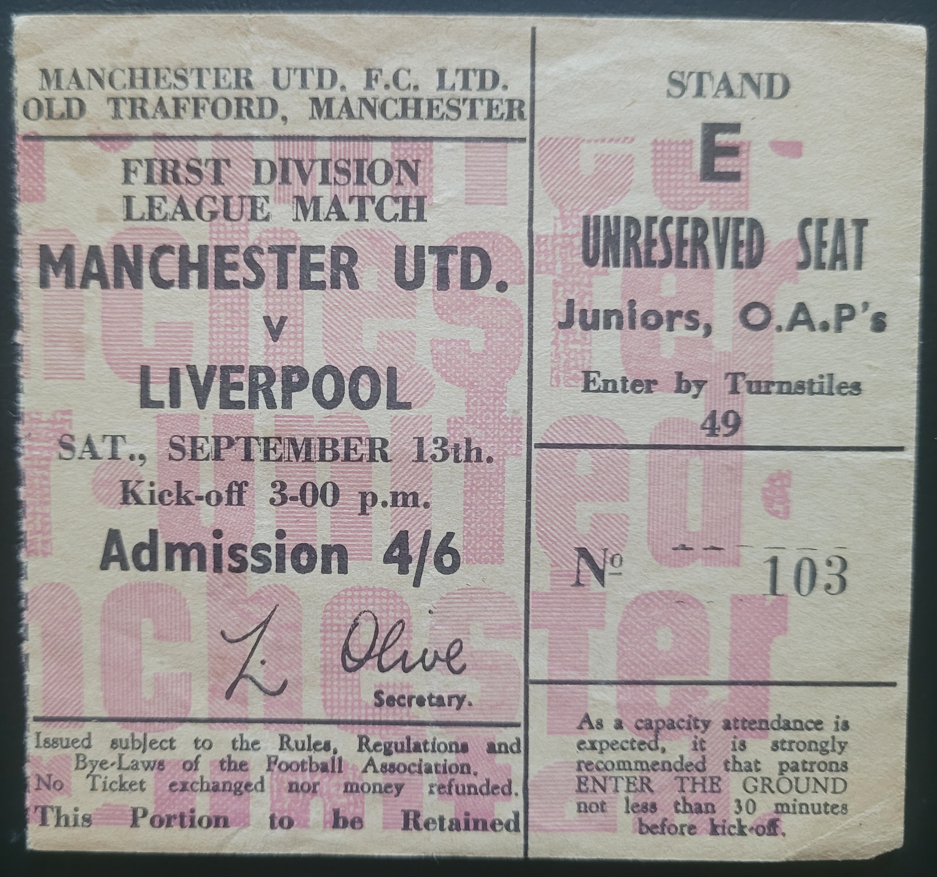 1969-70 MANCHESTER UNITED V LIVERPOOL TICKET