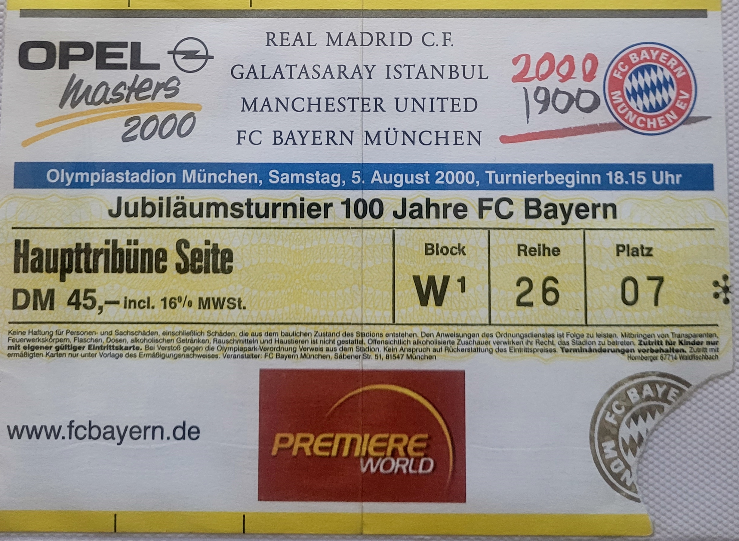 2000 BAYERN MUNICH V MANCHESTER UNITED OPEL MASTERS TOURNAMENT PLAYED IN GERMANY TICKET