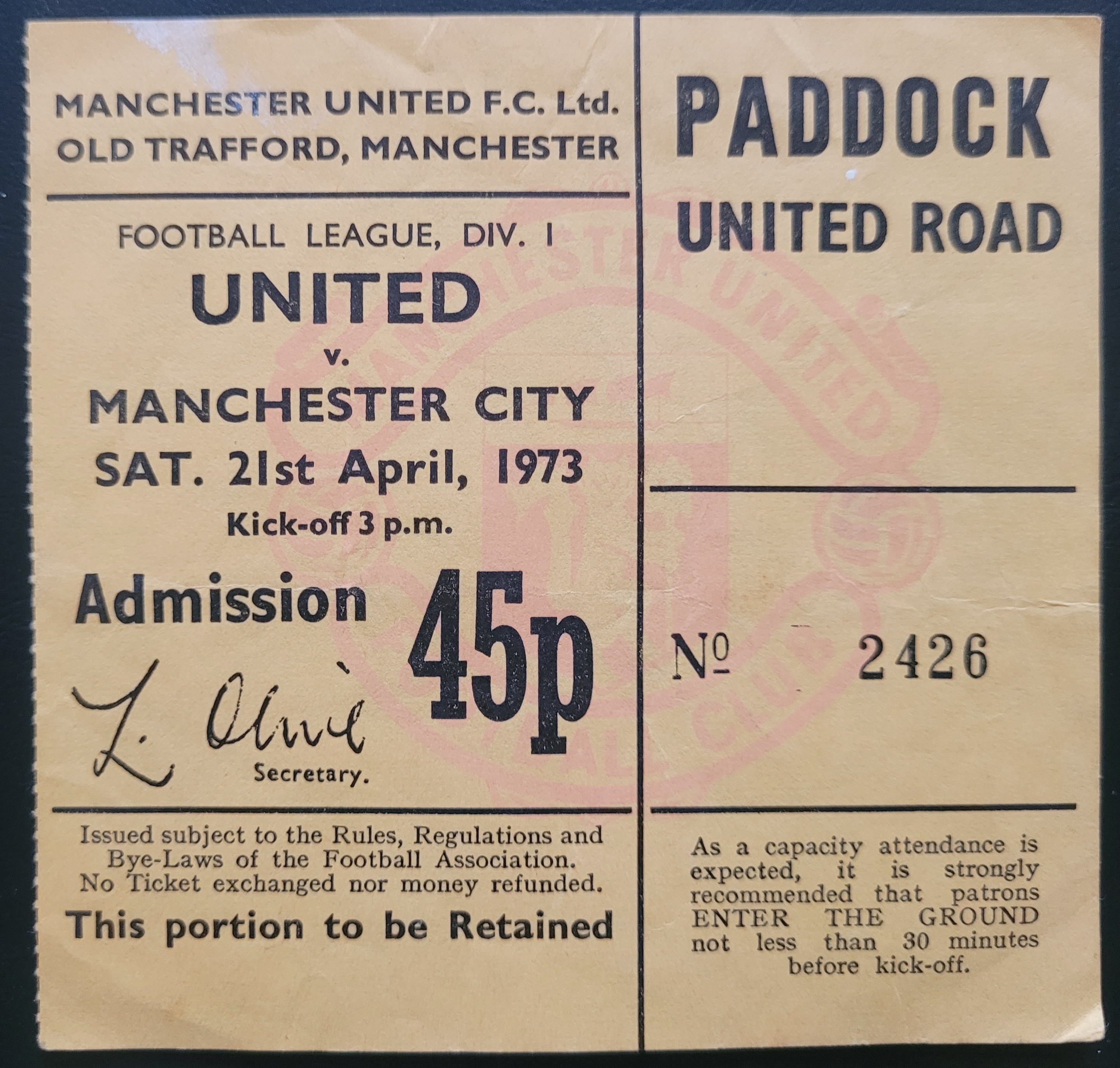 1972-73 MANCHESTER UNITED V MANCHESTER CITY TICKET- UNITED'S RELEGATION MATCH