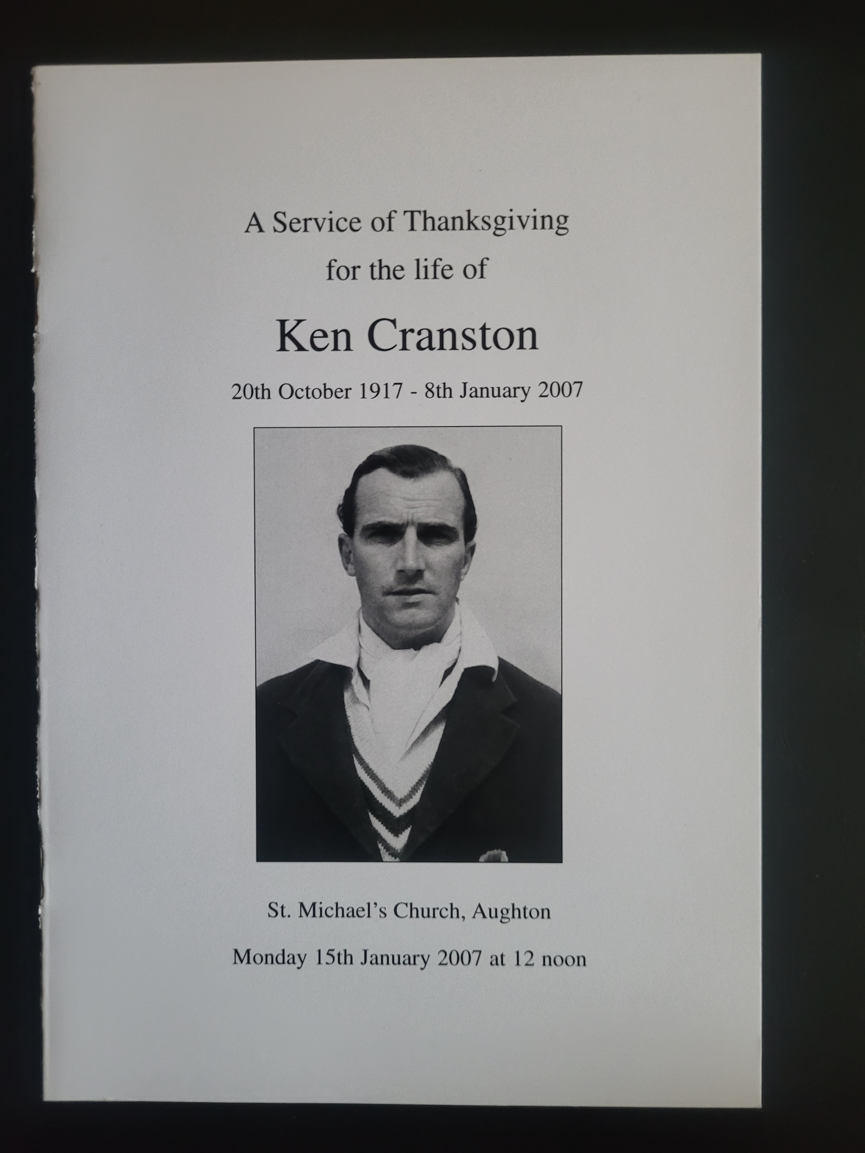 CRICKET KEN CRANSTON FUNERAL ORDER OF SERVICE