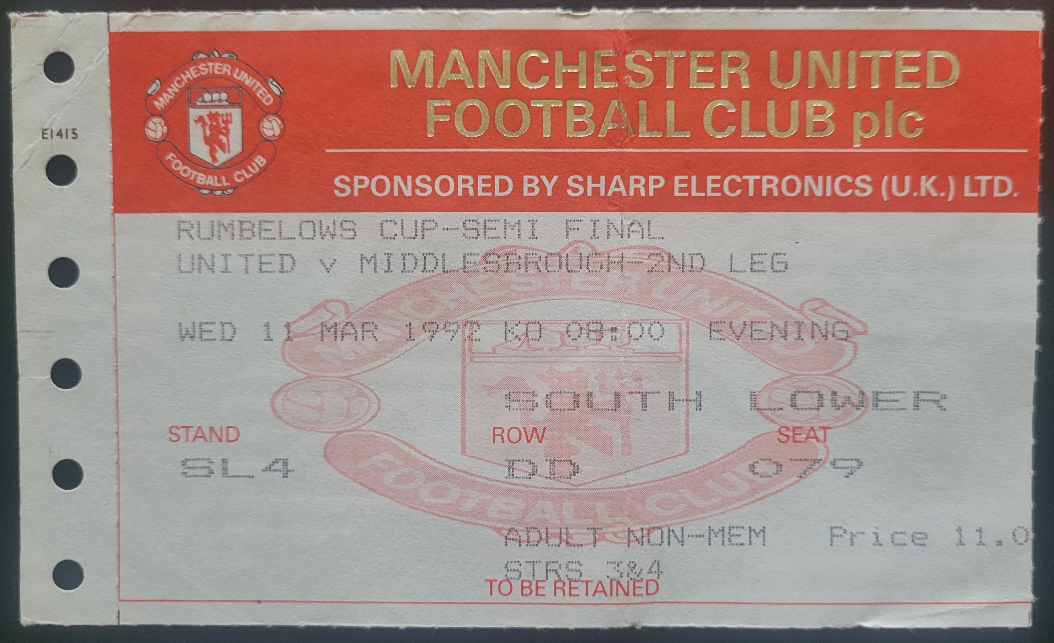 1991-92 LEAGUE CUP SEMI-FINAL MANCHESTER UNITED V MIDDLESBROUGH TICKET