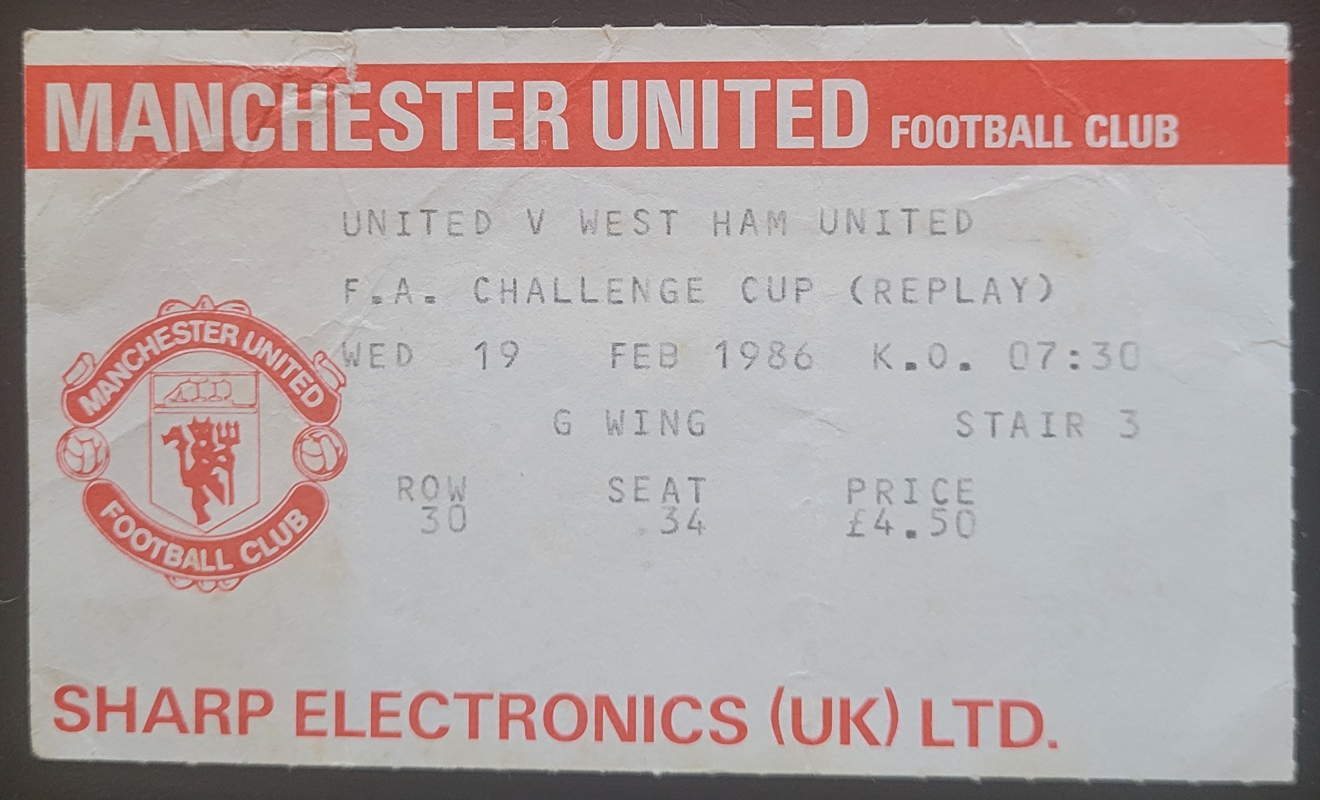 1985-86 MANCHESTER UNITED V WEST HAM FA CUP 5TH ROUND REPLAY TICKET