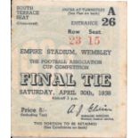 1938 FA CUP FINAL HUDDERSFIELD TOWN V PRESTON NORTH END TICKET