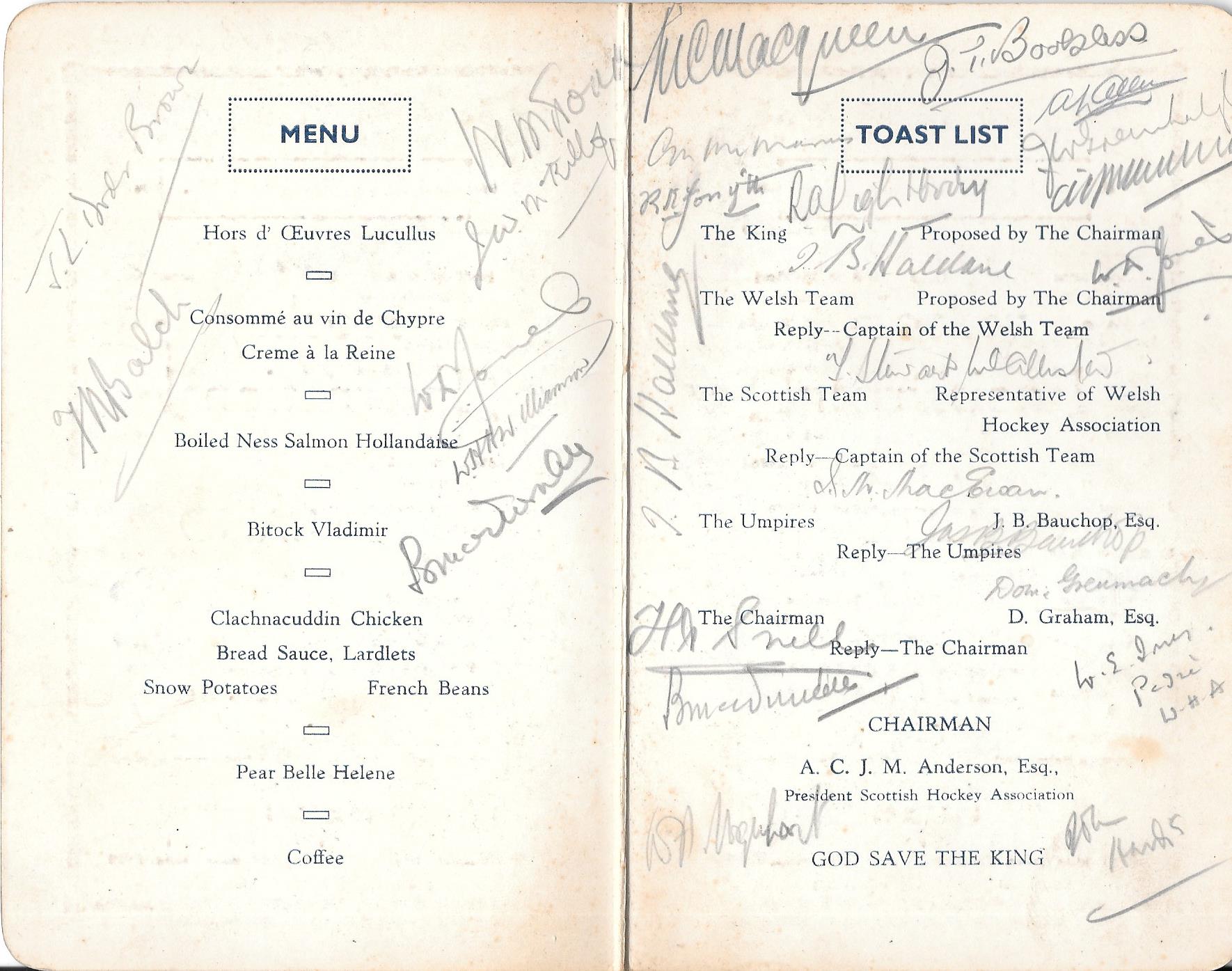 1939 SCOTLAND V ENGLAND MULTI SIGNED HOCKEY INTERNATIONAL MENU - Image 2 of 3