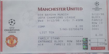 1998-99 MANCHESTER UNITED V BAYERN MUNICH CHAMPIONS LEAGUE UNUSED TICKET