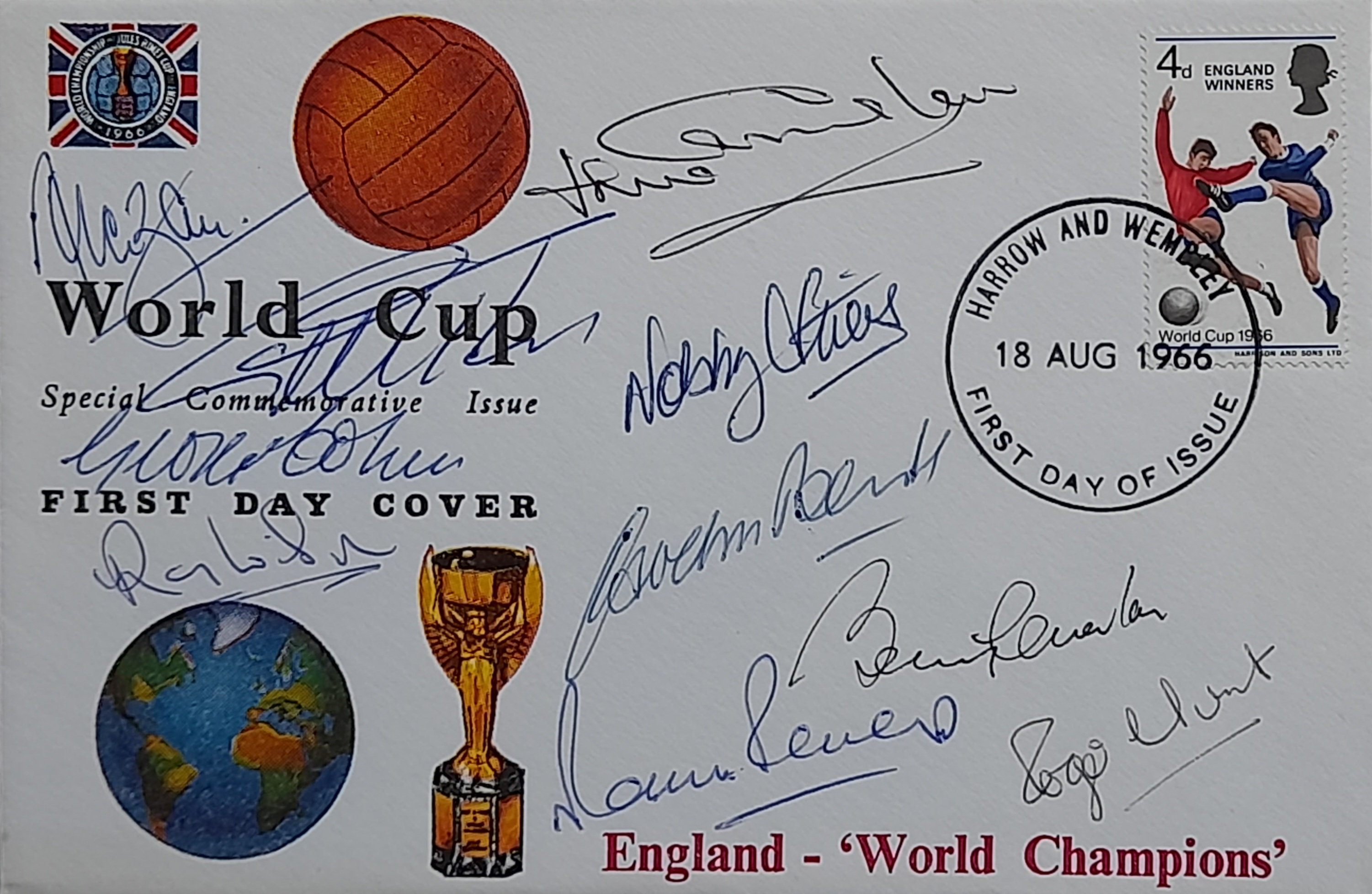 ENGLAND 1966 WORLD CUP RARE REMBRANDT POSTAL COVER AUTOGRAPHED BY 10 OF THE WINNING PLAYERS