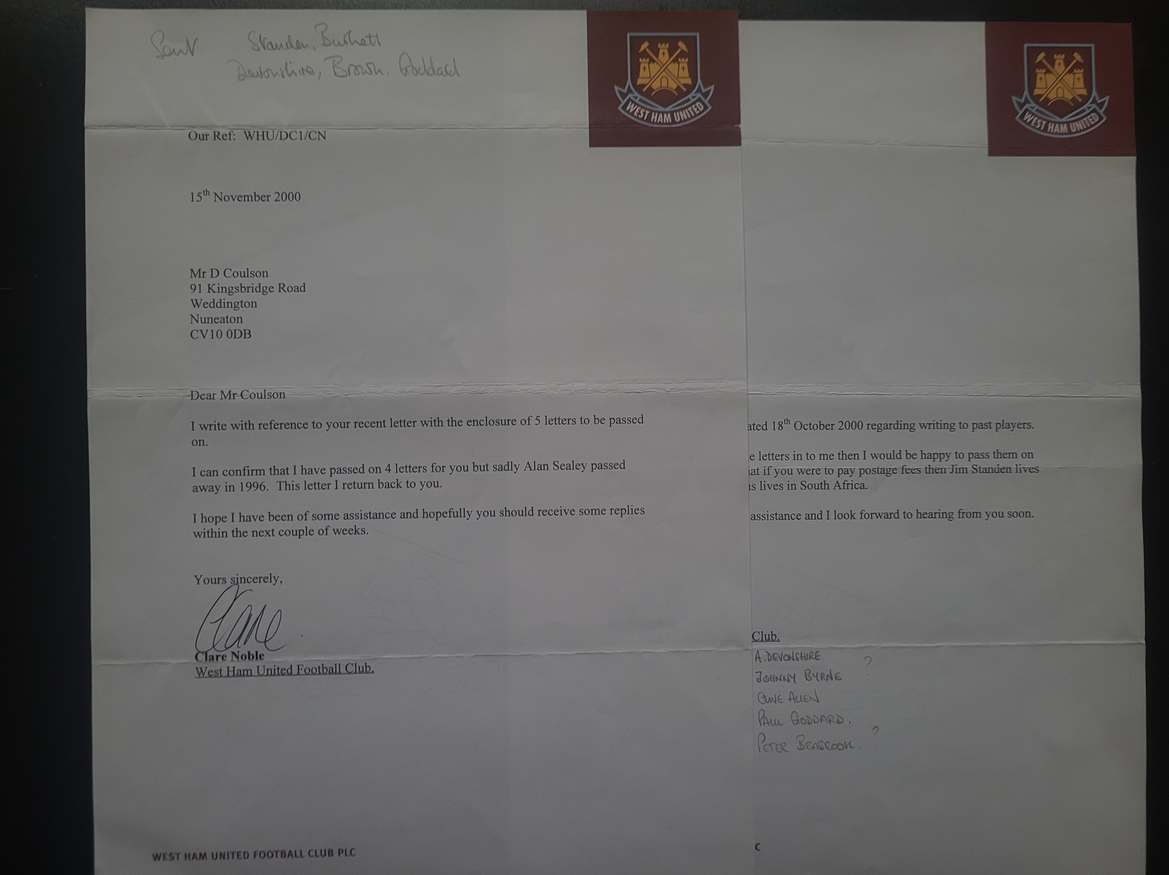 LETTERS FROM PLAYERS & FOOTBALL CLUBS - Image 4 of 5