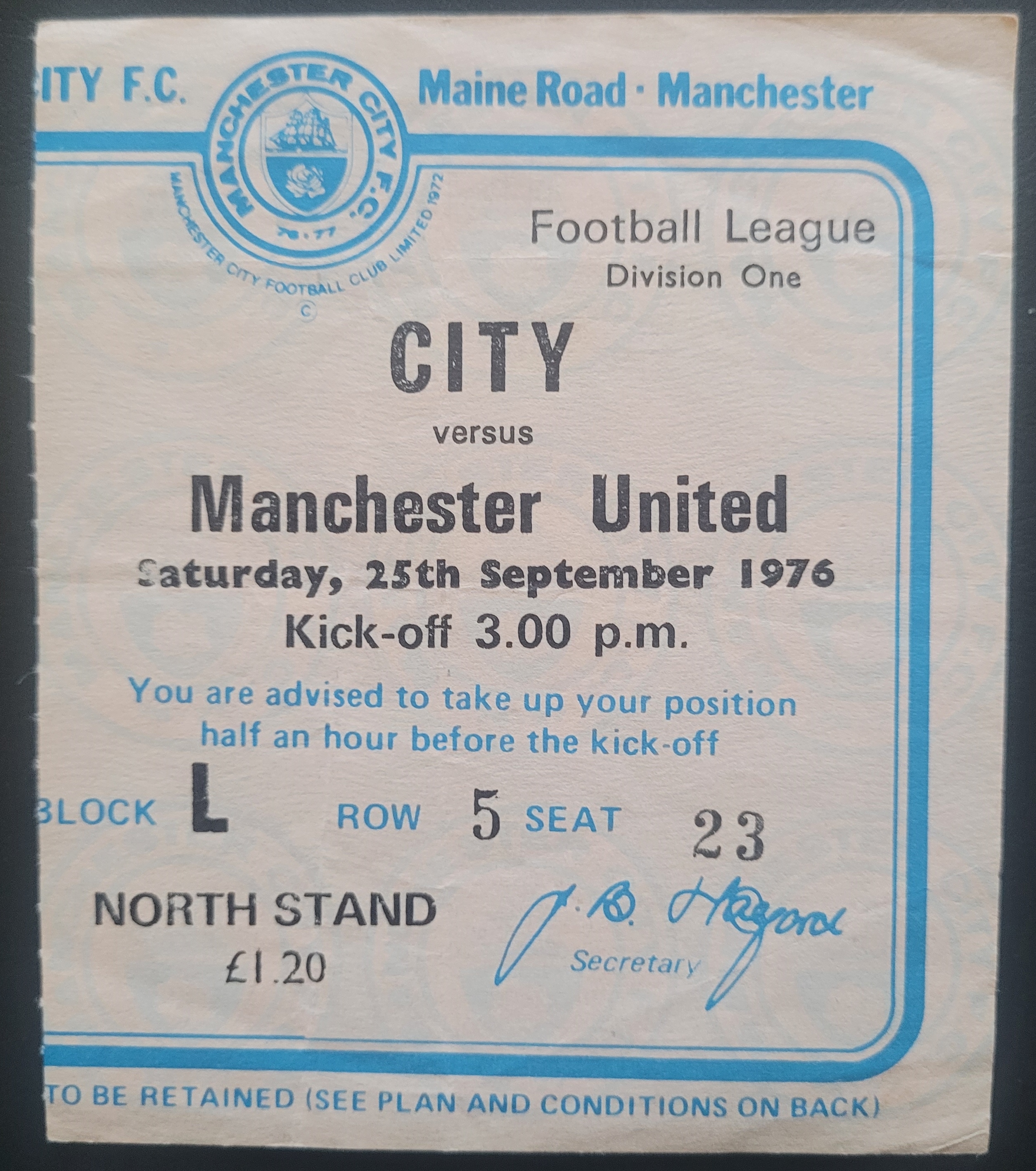 1976-77 MANCHESTER CITY V MANCHESTER UNITED TICKET