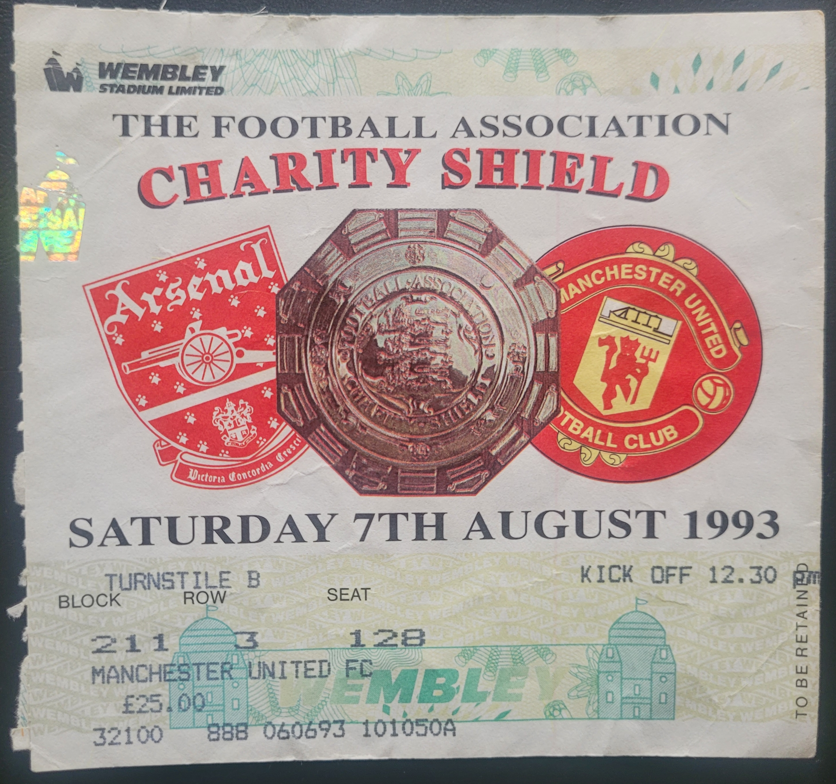 1993 FA CHARITY SHIELD ARSENAL V MANCHESTER UNITED TICKET