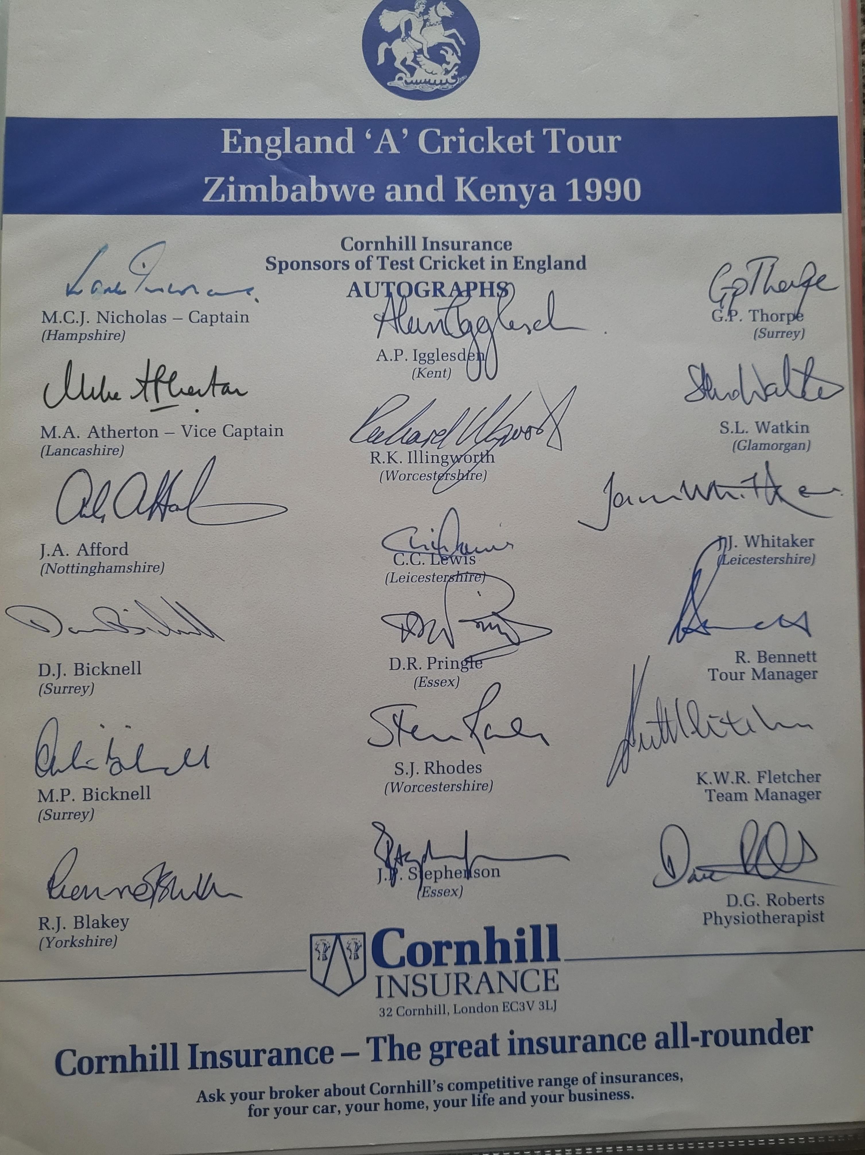 CRICKET 1990 ENGLAND 'A' TOUR TO ZIMBABWE & KENYA OFFICIAL AUTOGRAPH SHEET