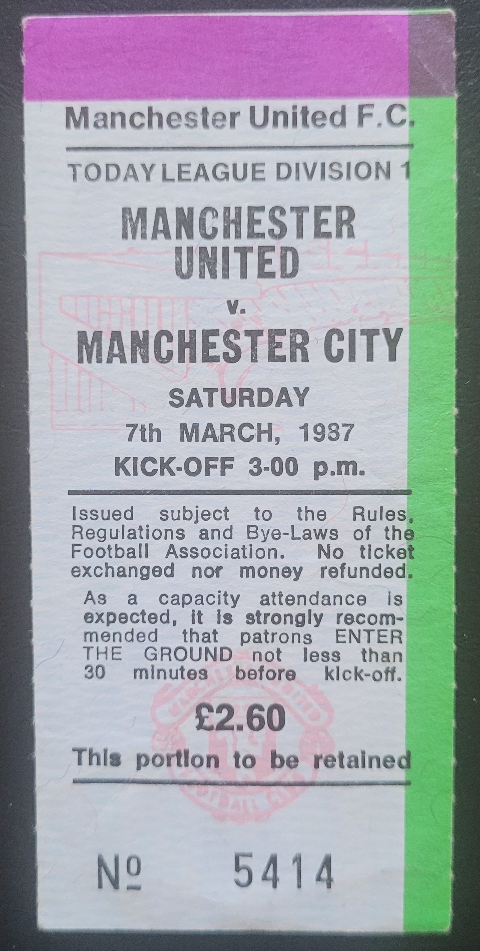 1986-87 MANCHESTER UNITED V MANCHESTER CITY TICKET