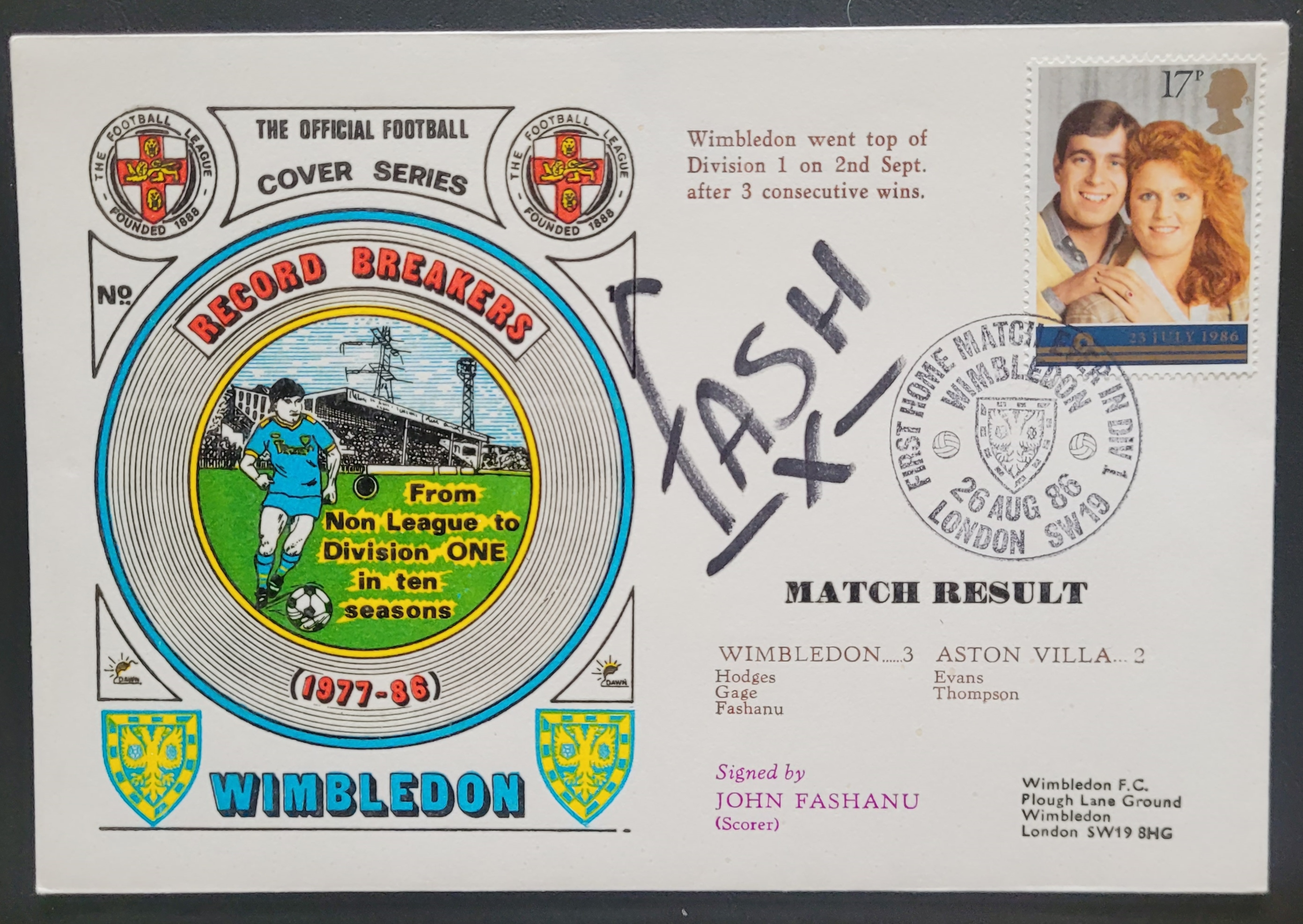 1986 WIMBLEDON V ASTON VILLA LIMITED EDITION POSTAL COVER AUTOGRAPHED BY JOHN FASHANU