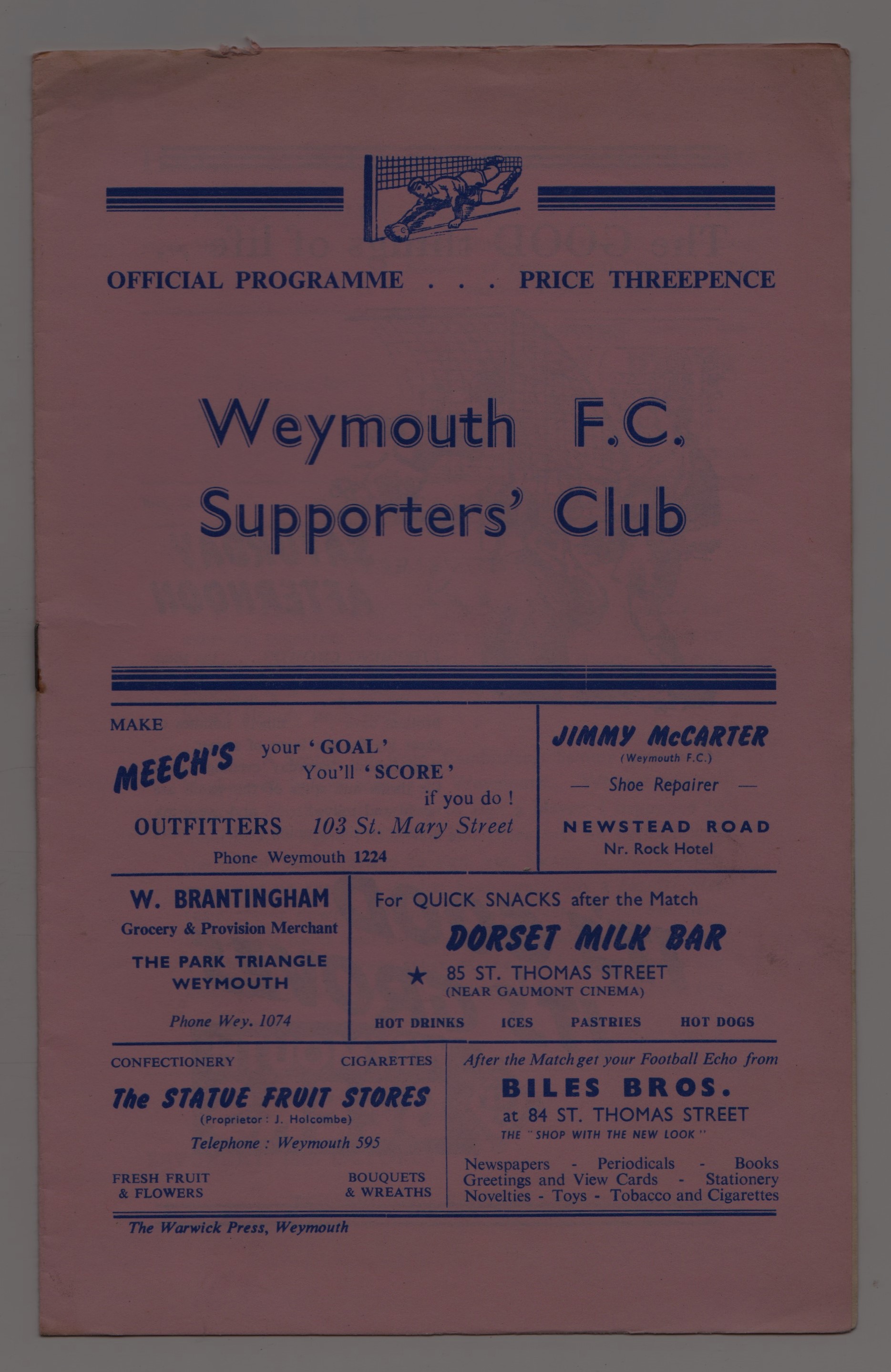 1958/59 WEYMOUTH v GUEST XI BRISTOL ROVERS, PORTSMOUTH ETC.