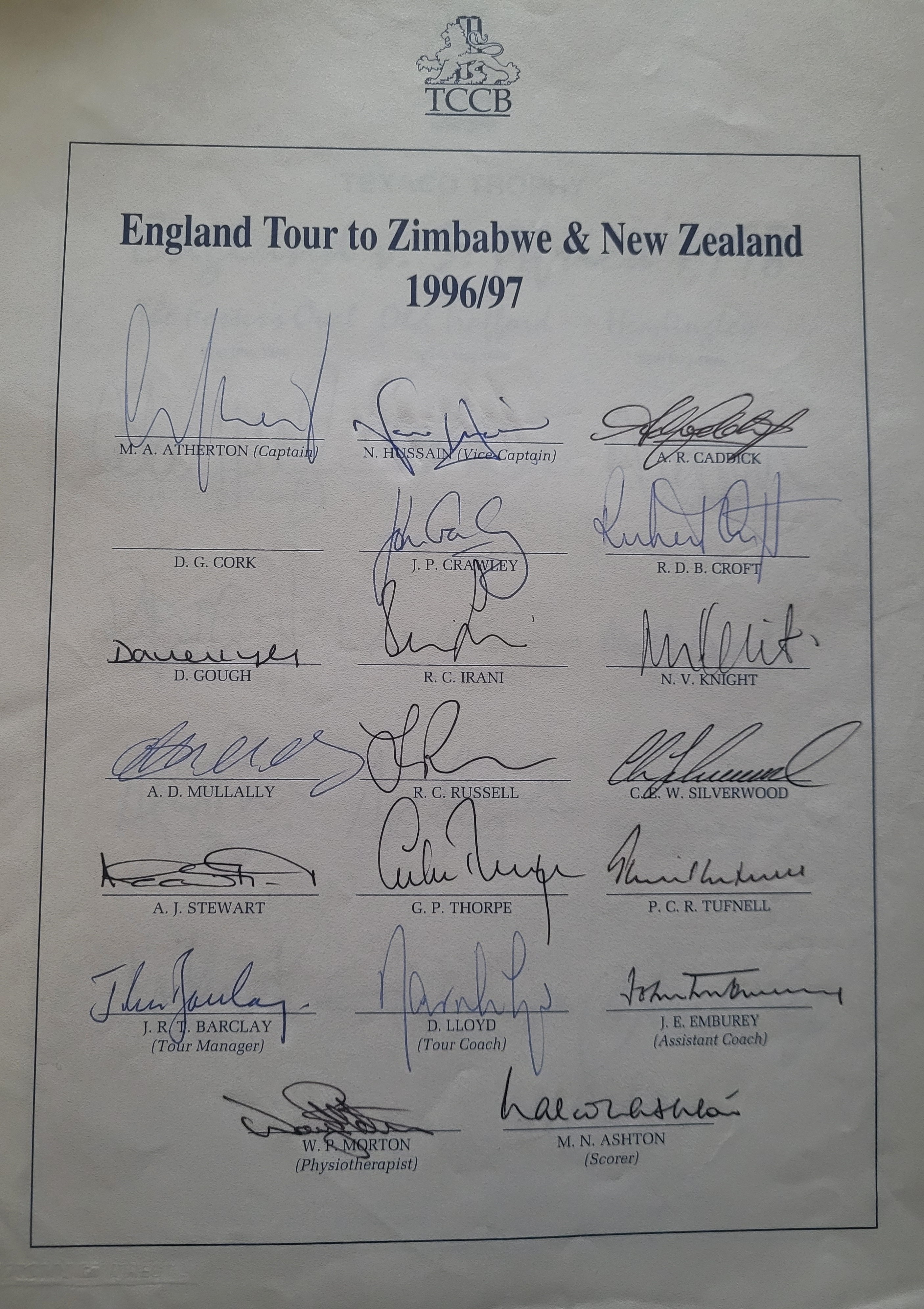 CRICKET 1996-97 ENGLAND TOUR TO ZIMBABWE & NEW ZEALAND OFFICIAL AUTOGRAPH SHEET