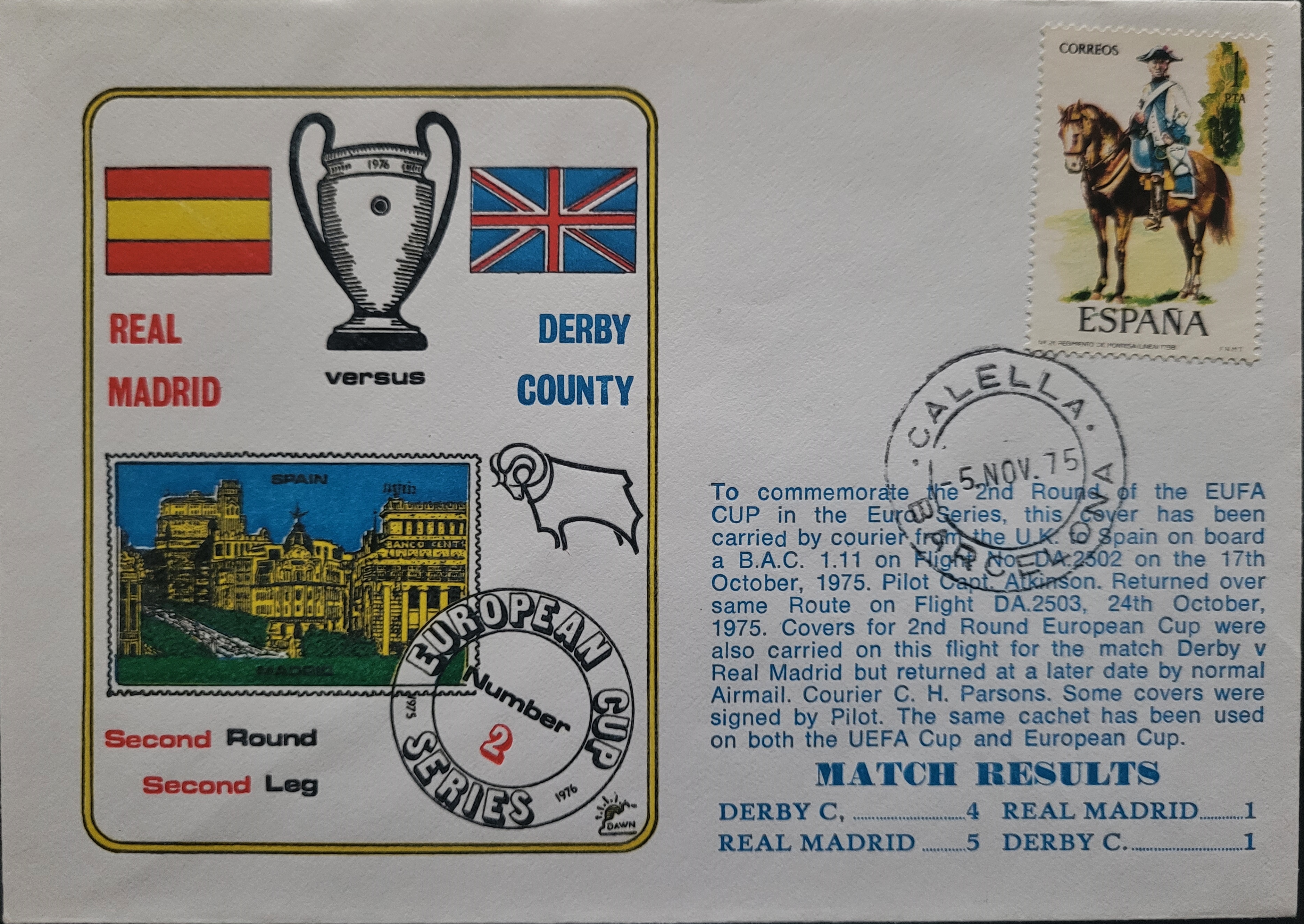 1975 REAL MADRID V DERBY COUNTY EUROPEAN CUP POSTAL COVER