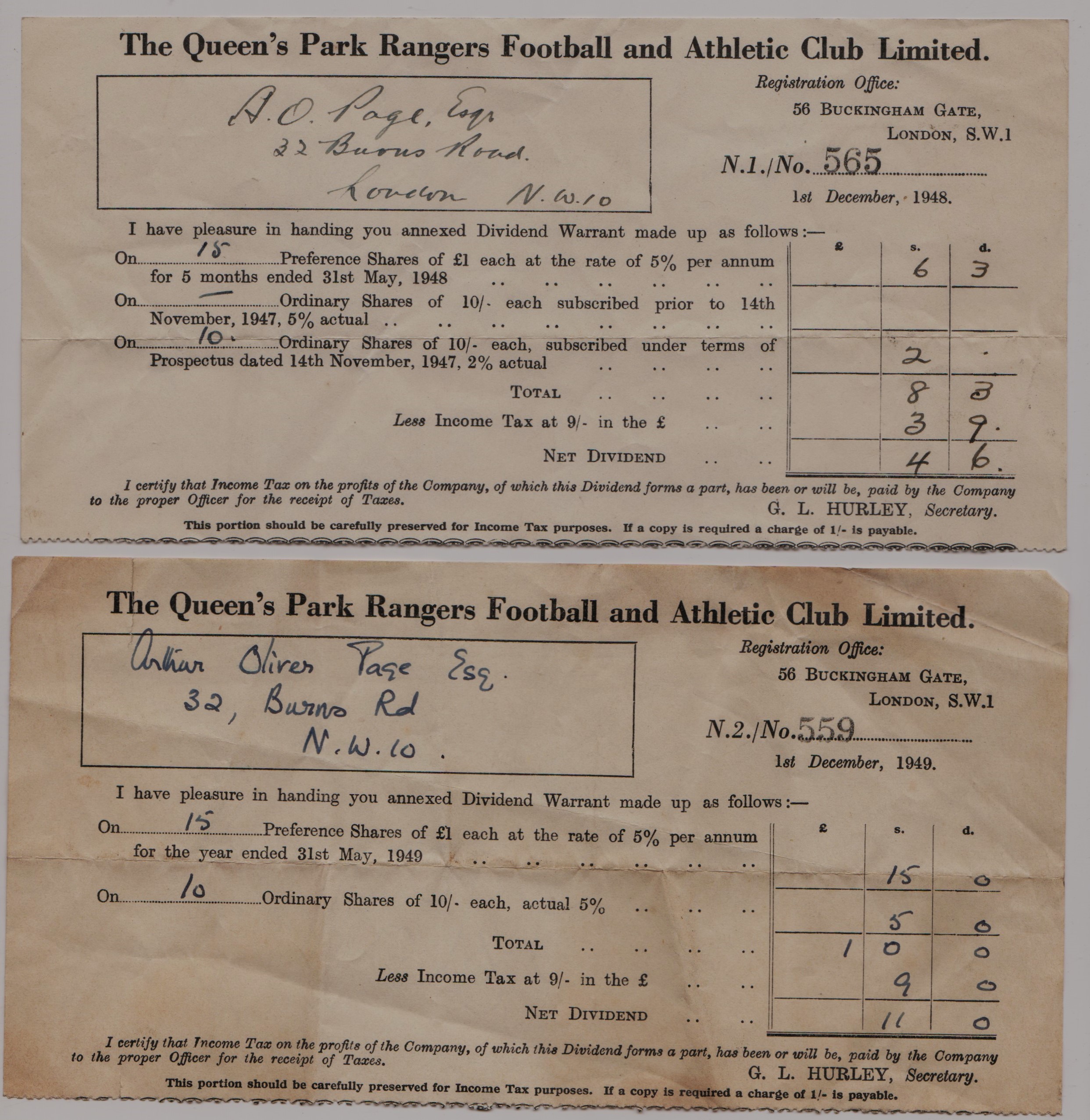 1940'S QUEEN'S PARK RANGERS DIVIDEND WARRENTS & DEVELOPMENT ASSOCIATION LIFE MEMBERSHIP CARD - Image 2 of 2