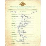 CRICKET 1961 AUSTRALIA TOURING TEAM SIGNED OFFICIAL AUTOGRAPH SHEET