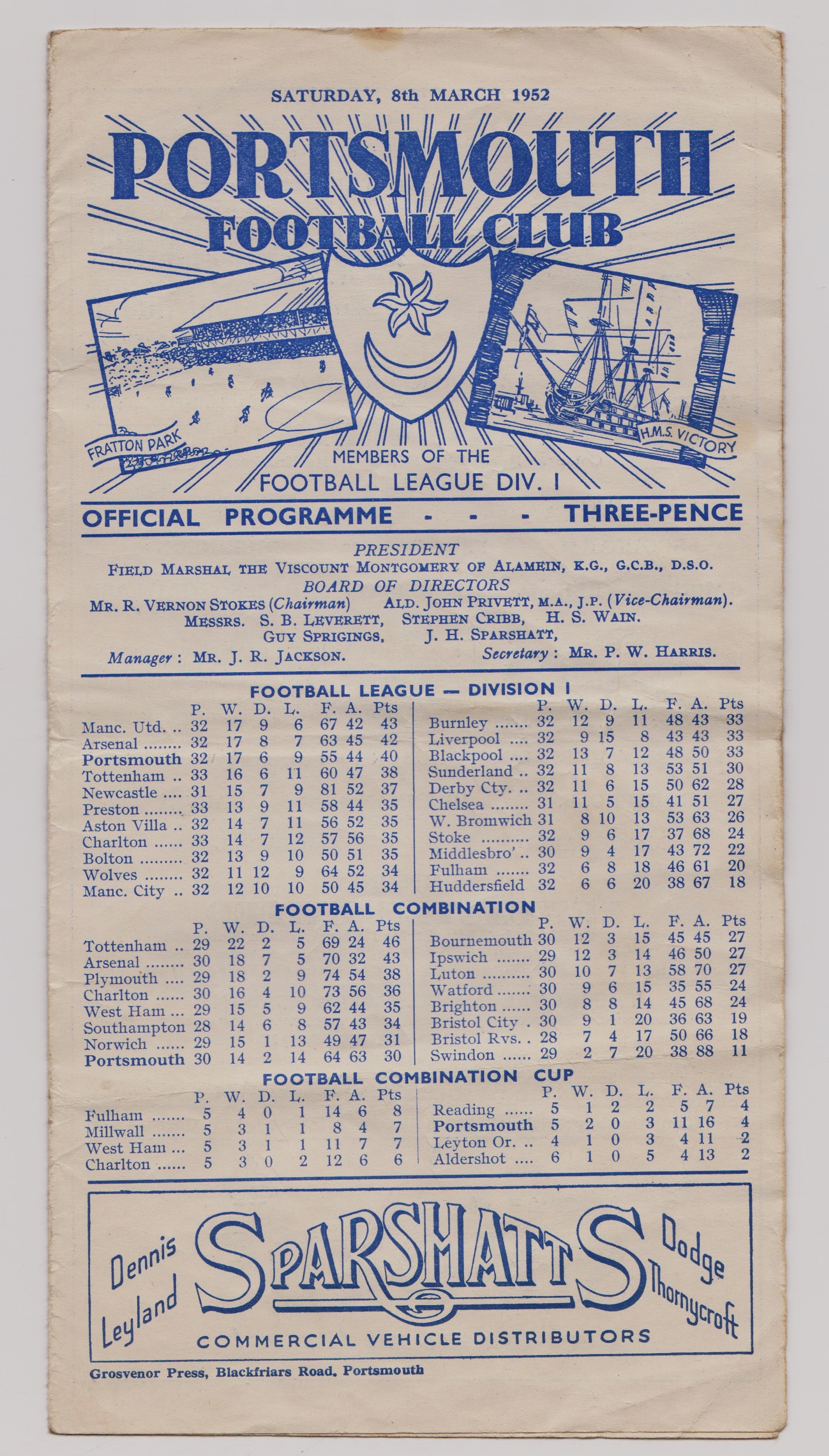 1951/52 F.A. CUP PORTSMOUTH V NEWCASTLE UNITED WINNERS