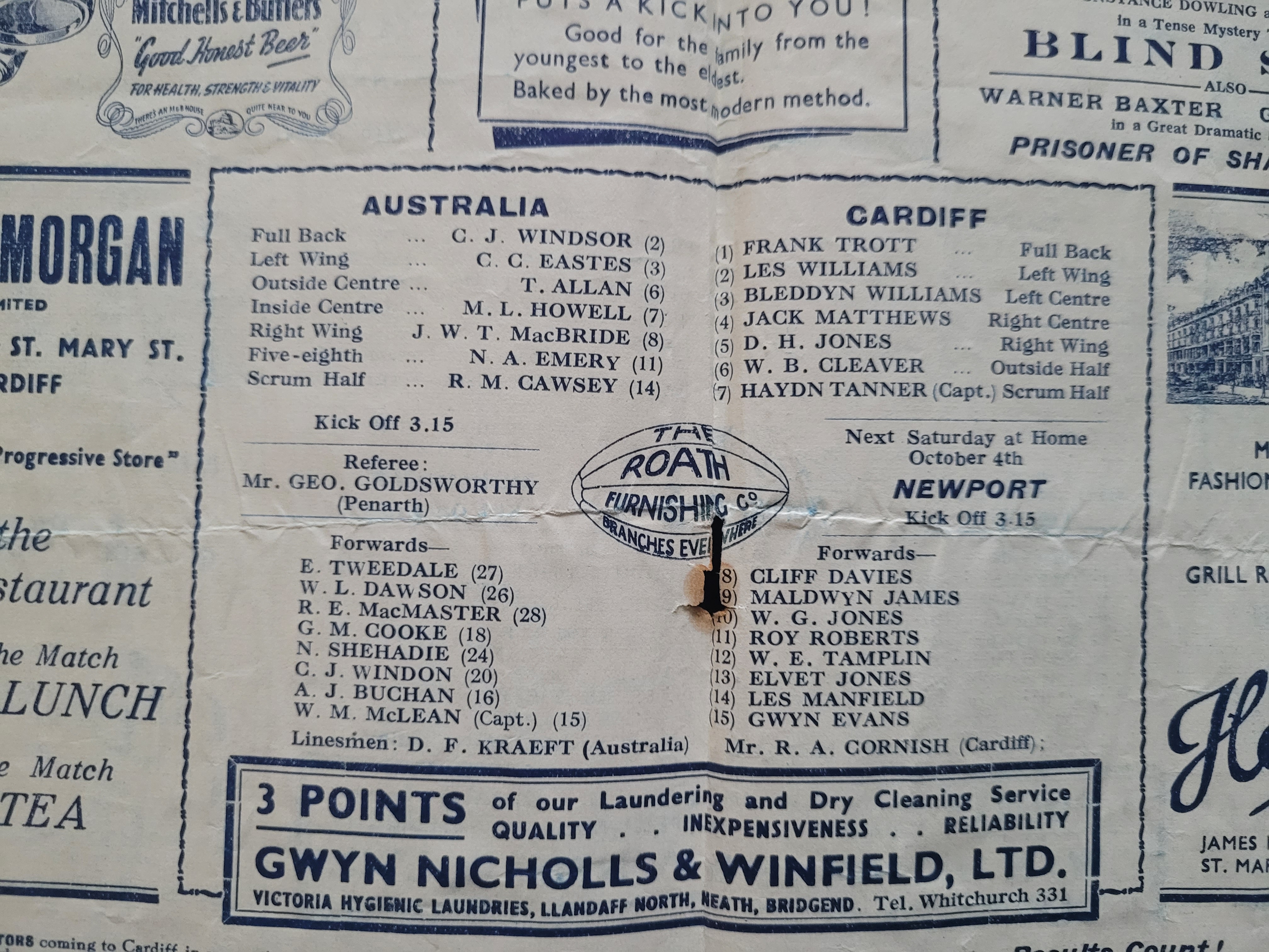 RUGBY UNION 1947 CARDIFF V AUSTRALIA - Image 2 of 2