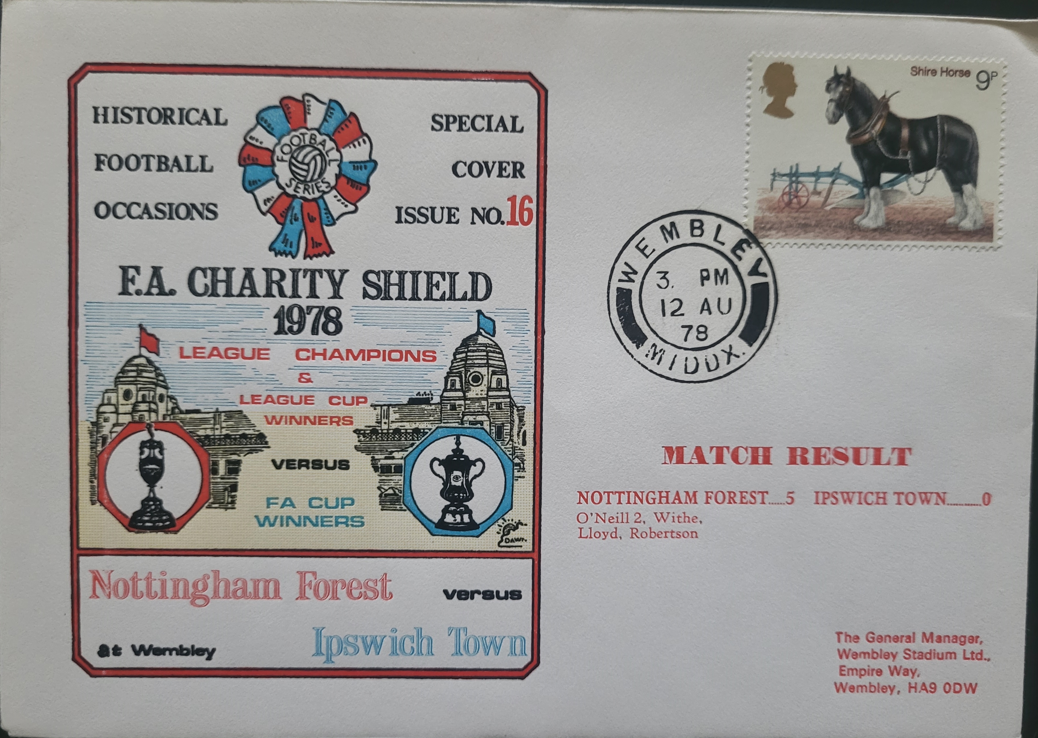 1978 NOTTINGHAM FOREST V IPSWICH TOWN CHARITY SHIELD POSTAL COVER