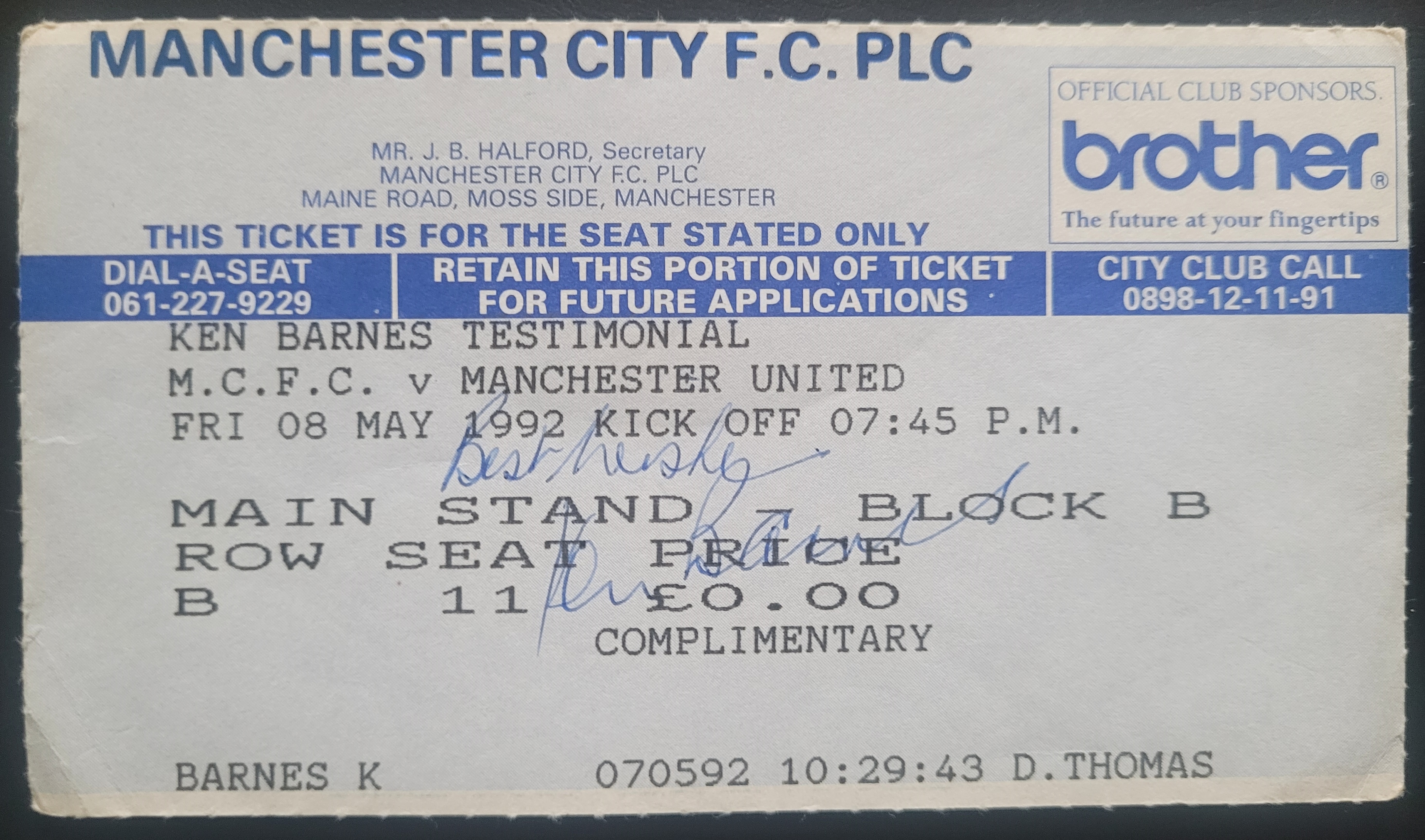 1991-92 MANCHESTER CITY V MANCHESTER UNITED KEN BARNES TESTIMONIAL TICKET