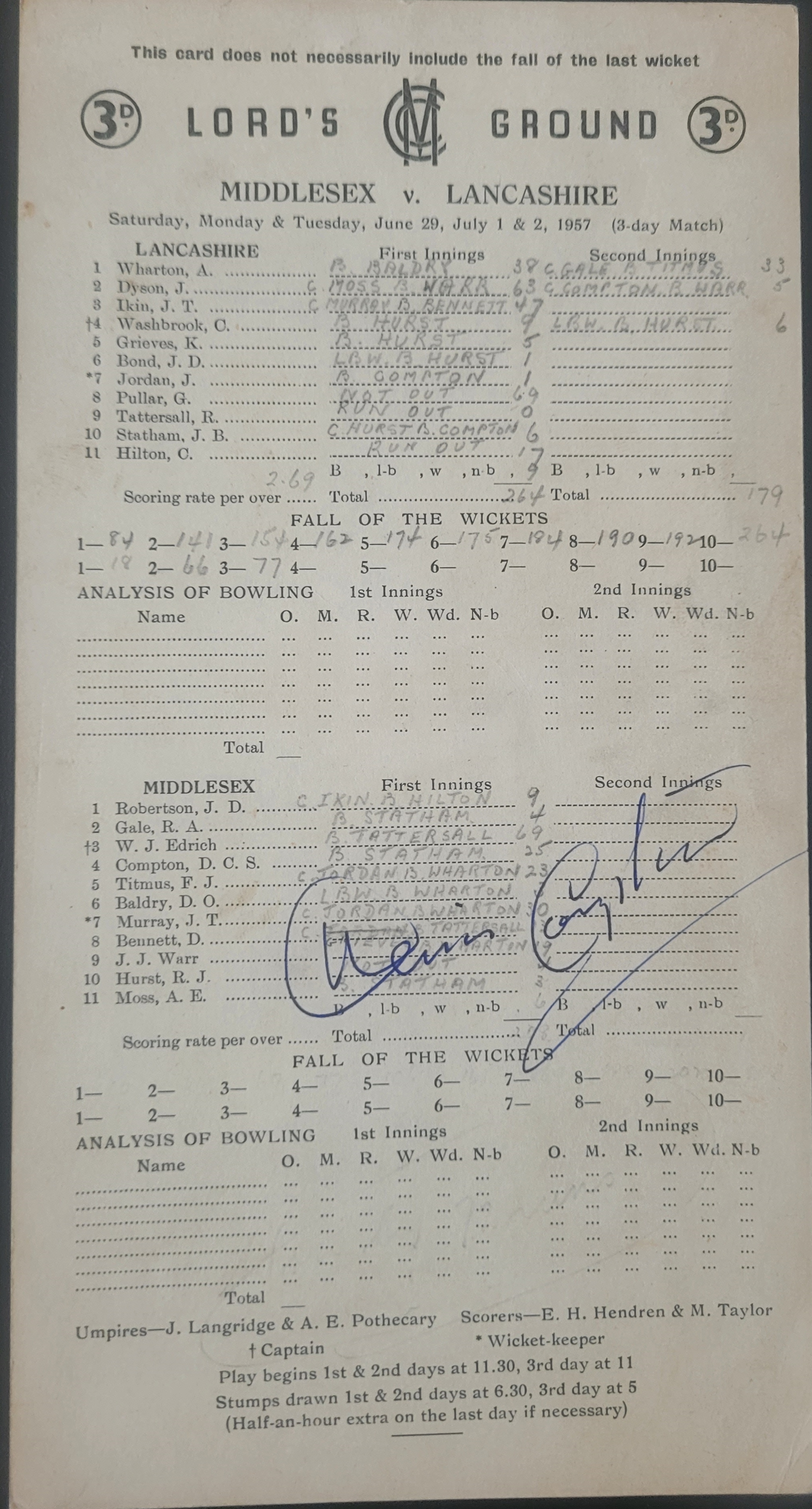 CRICKET 1957 MIDDLESEX V LANCASHIRE SCORECARD AUTOGRAPHED BY DENIS COMPTON