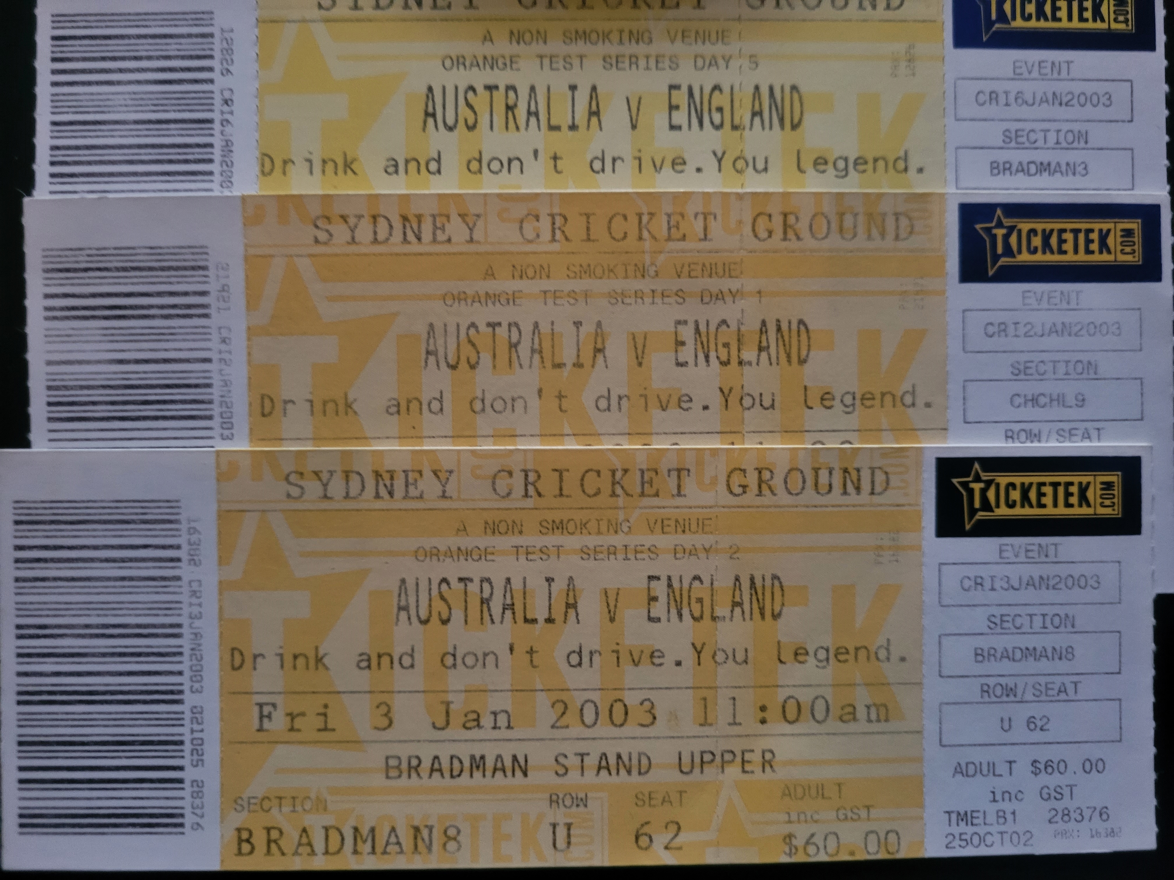 CRICKET 2003 AUSTRALIA V ENGLAND TICKETS X 3 - Image 2 of 2