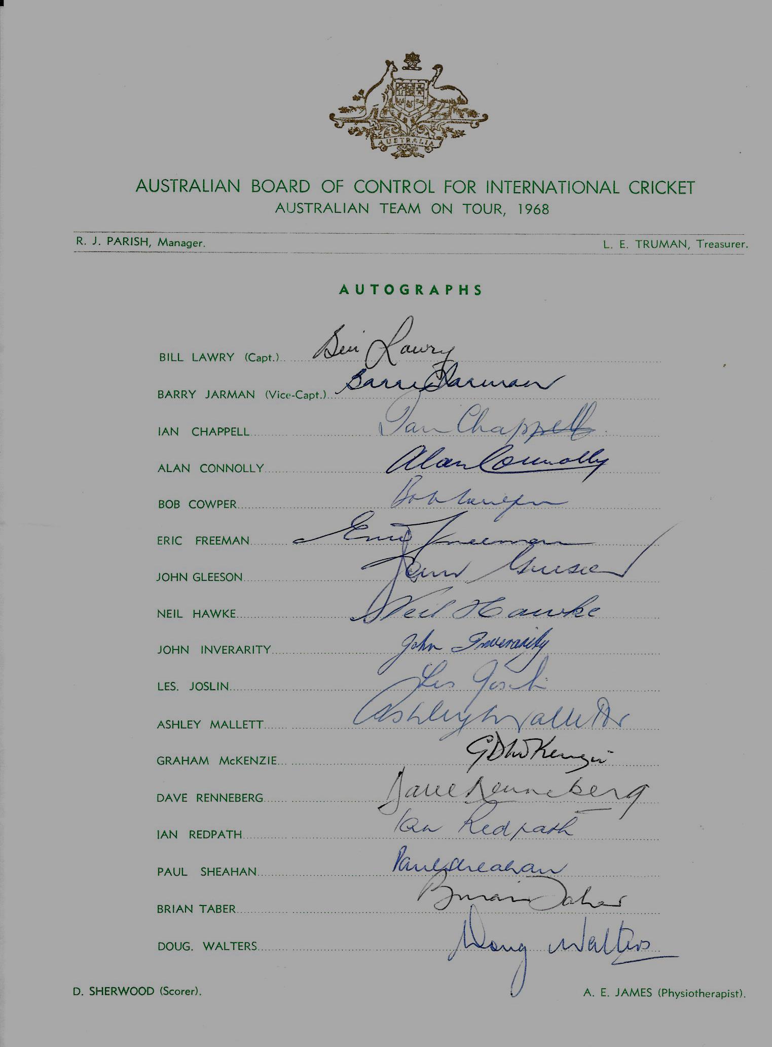 CRICKET 1968 AUSTRALIA TOURING TEAM SIGNED OFFICIAL AUTOGRAPH SHEET