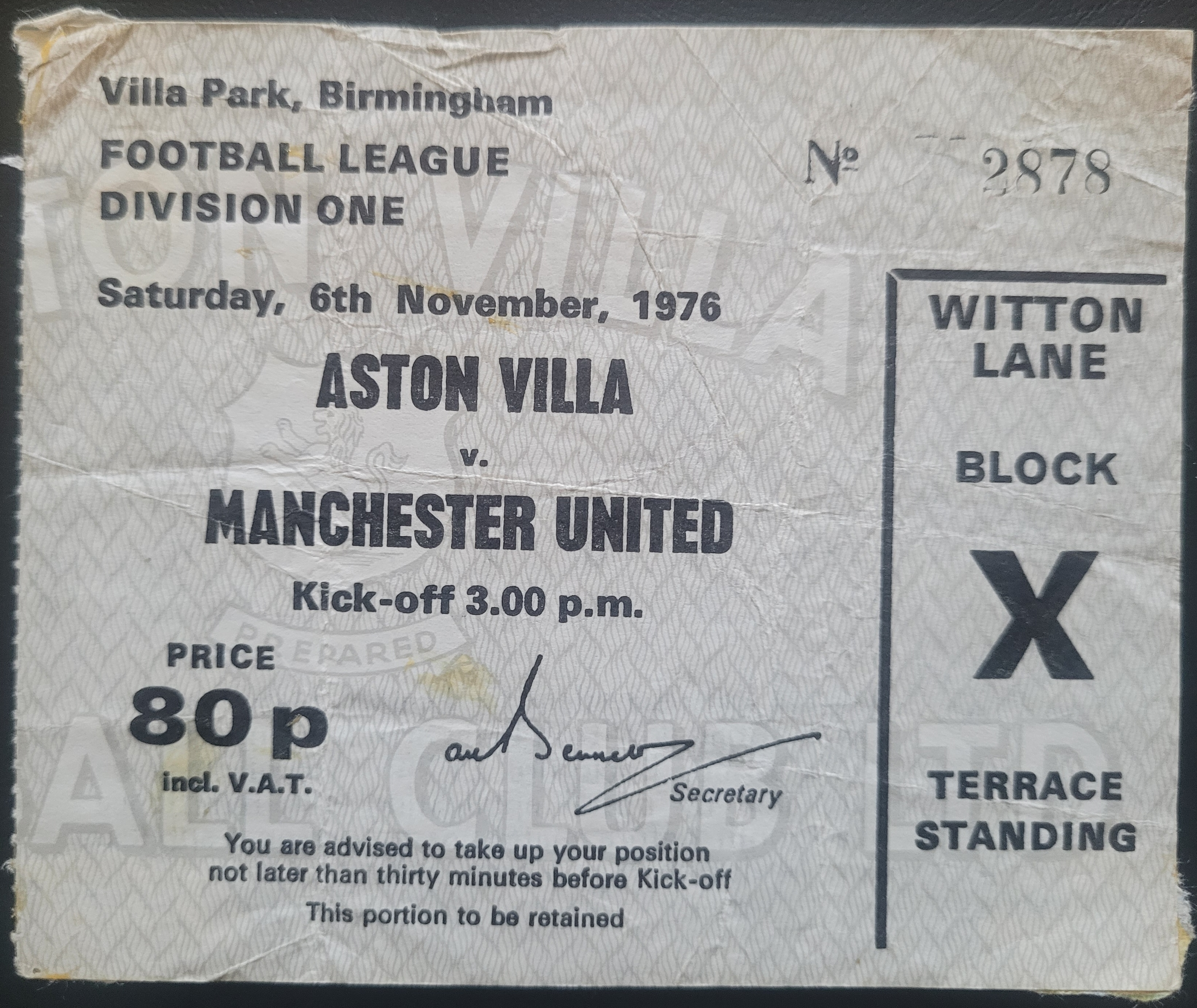 1976-77 ASTON VILLA V MANCHESTER UNITED TICKET