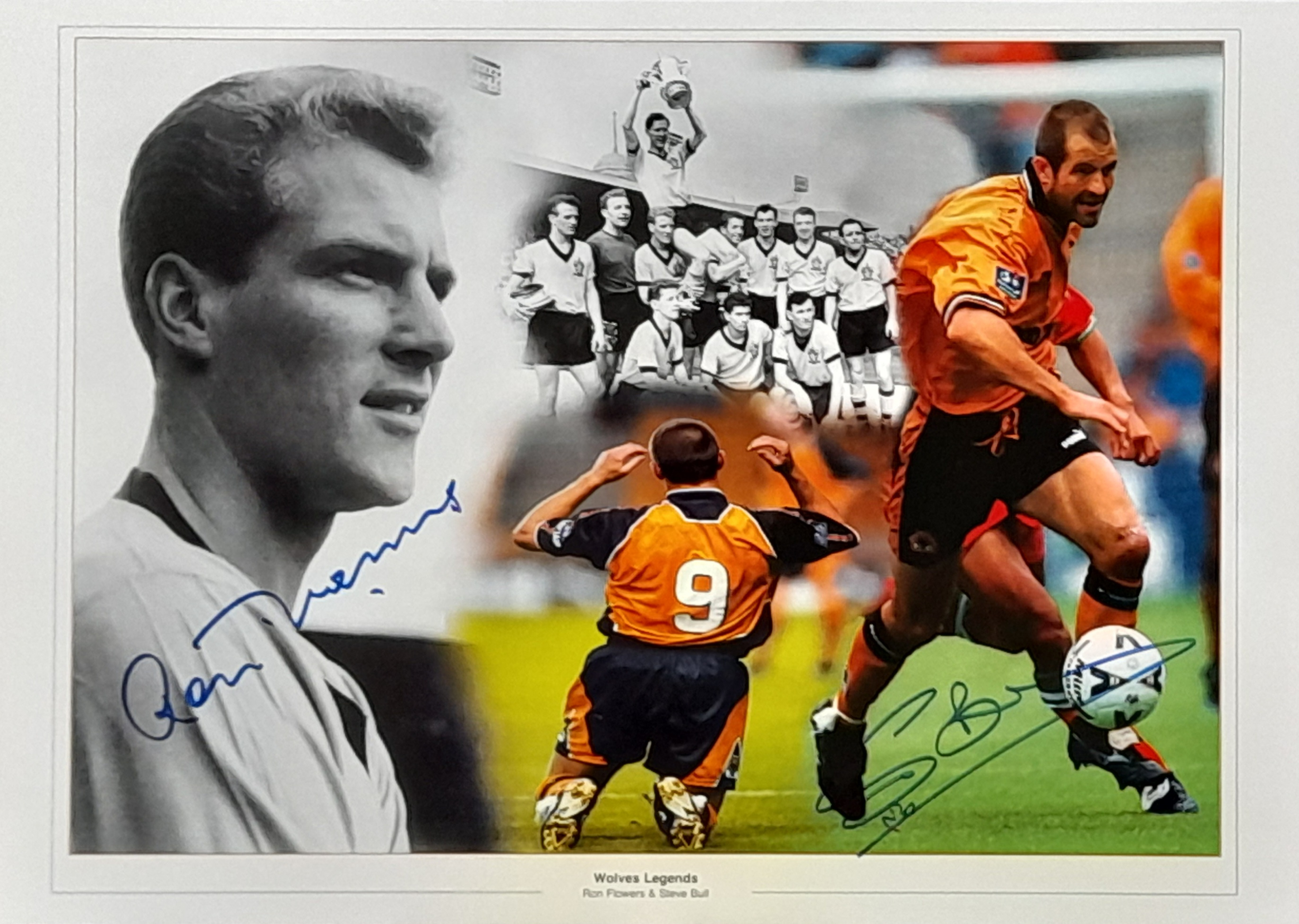 WOLVERHAMPTON WANDERERS LEGENDS STEVE BULL & RON FLOWERS AUTOGRAPHED MONTAGE