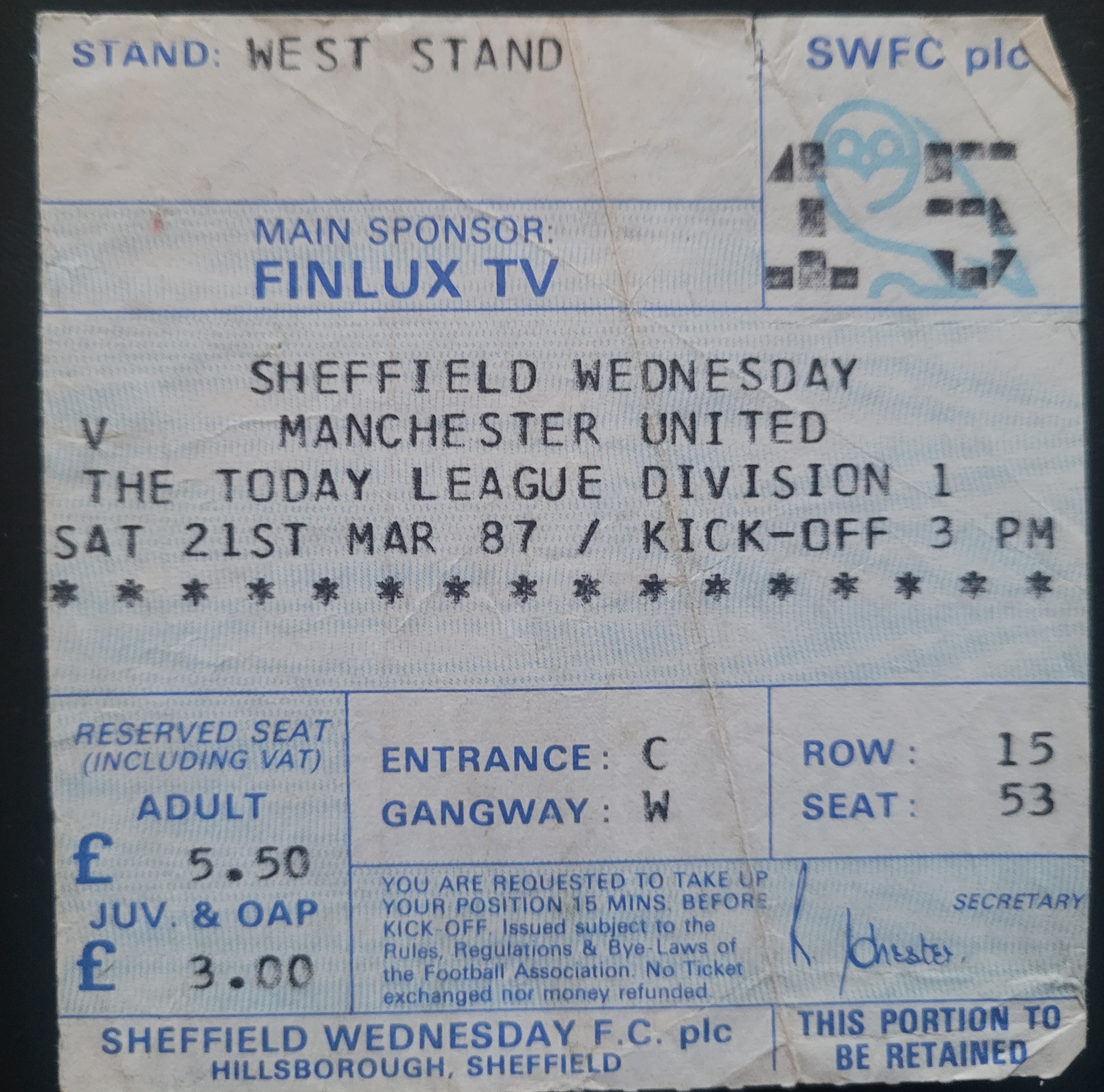 1986-87 SHEFFIELD WEDNESDAY V MANCHESTER UNITED TICKET