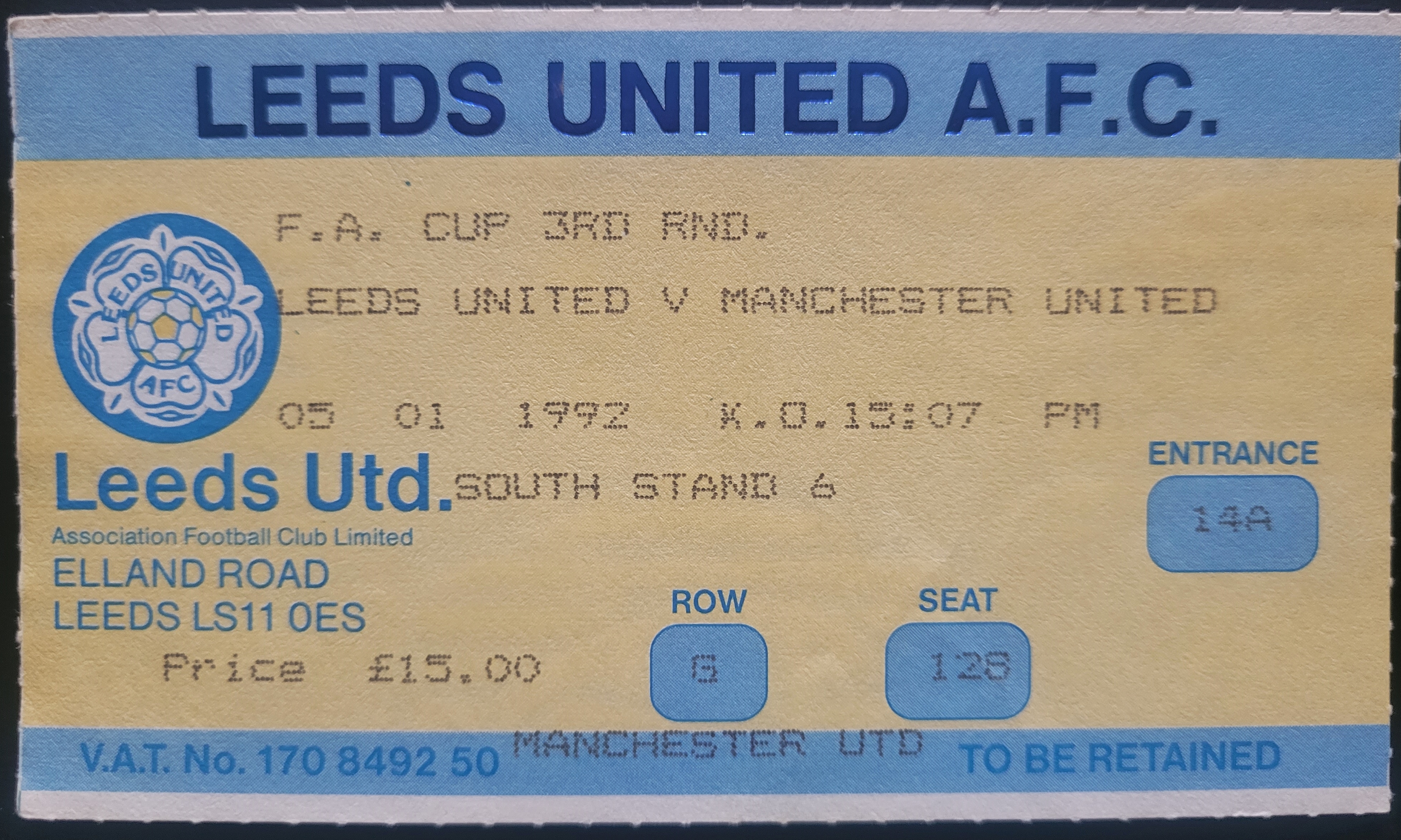 1991-92 LEEDS UNITED V MANCHESTER UNITED FA CUP 3RD ROUND TICKET