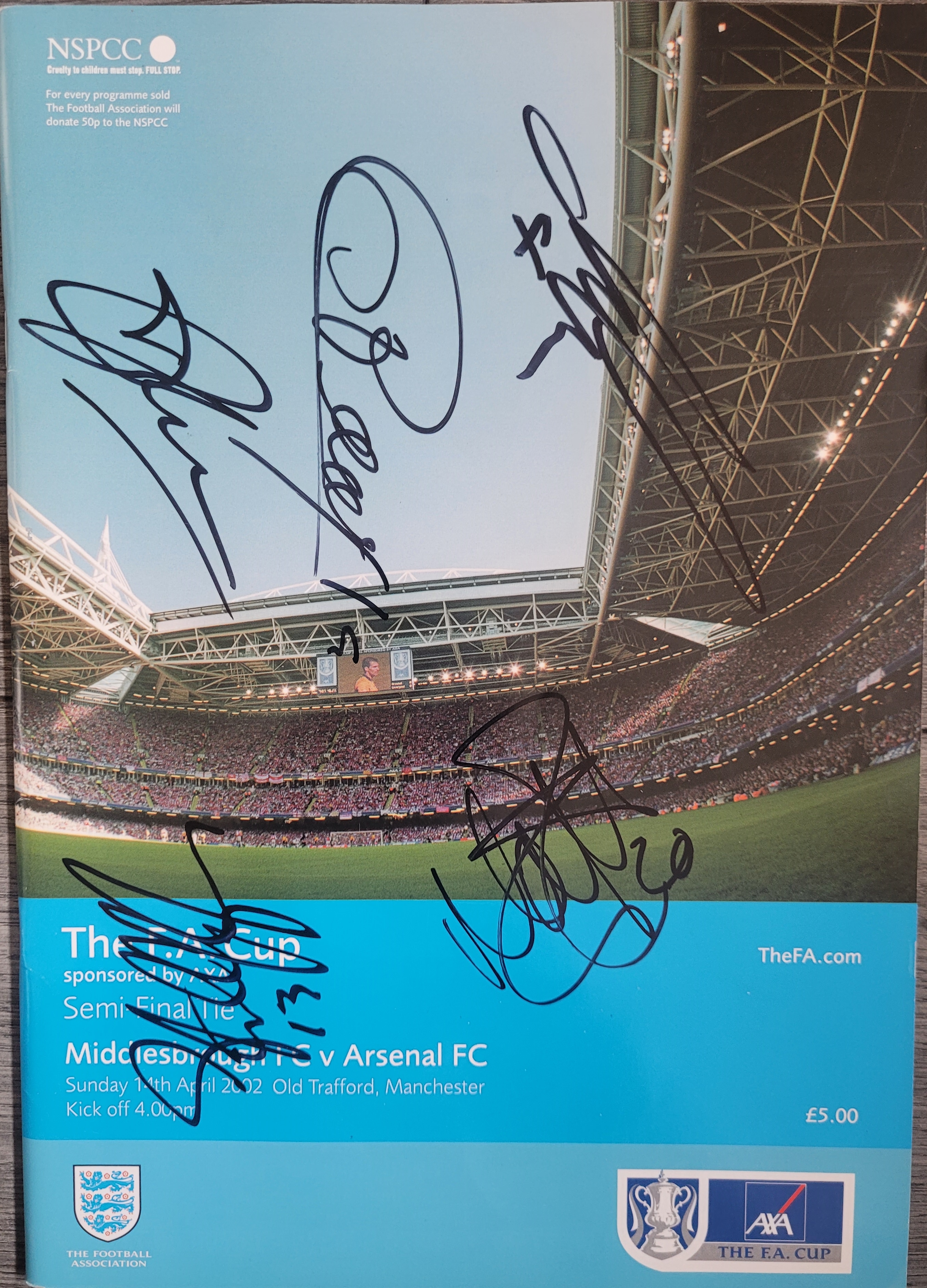 2002 FA CUP S/F ARSENAL V MIDDLESBROUGH SIGNED BY HENRY, BERGKAMP, VIEIRA, UPSON & TAYLOR