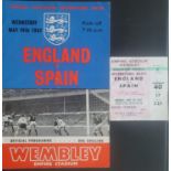 1967 ENGLAND V SPAIN AUTOGRAPHED PROGRAMME ALSO INCLUDES TICKET