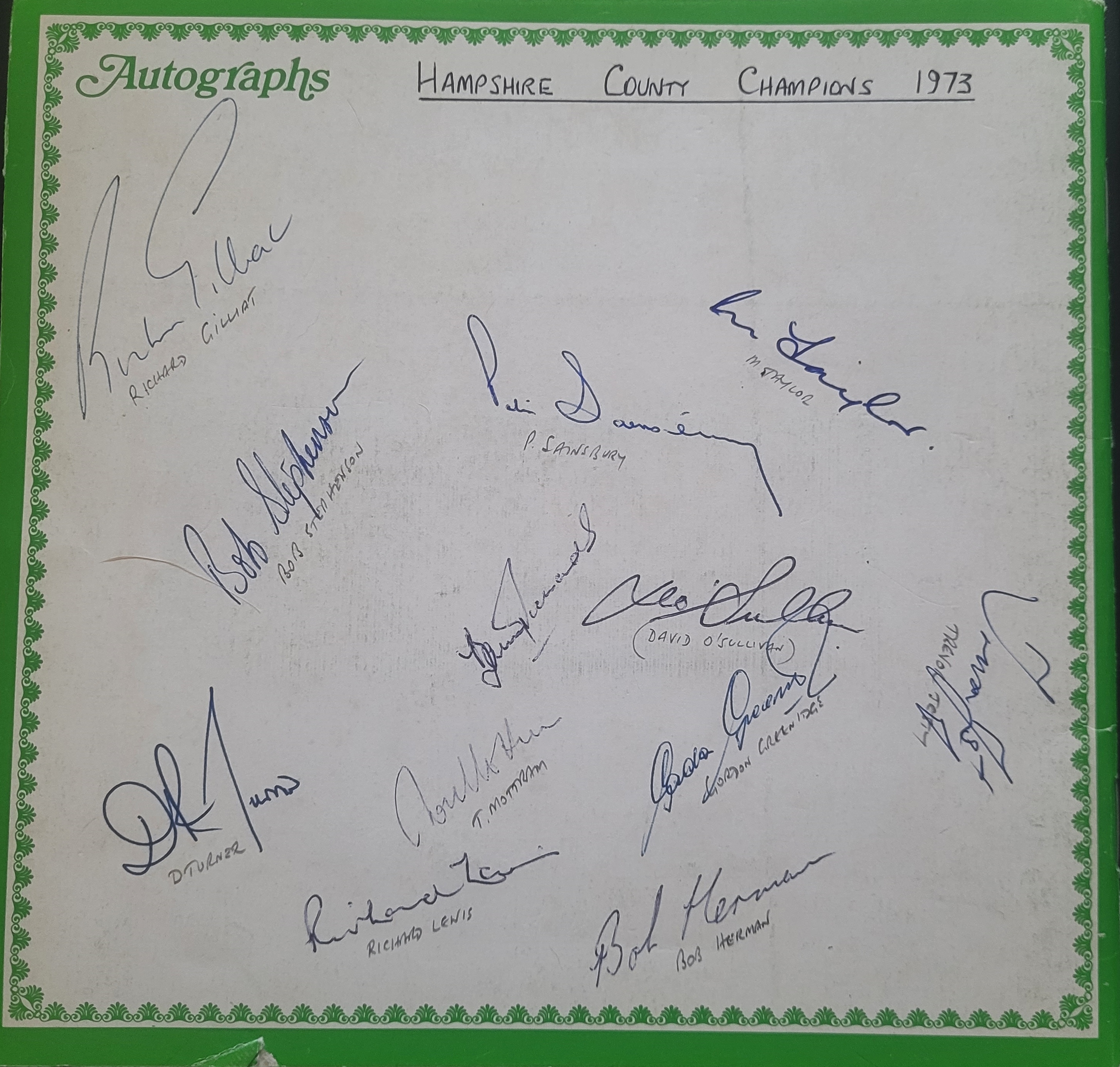 HAMPSHIRE CRICKET COUNTY CHAMPIONS 1973 AUTOGRAPHS