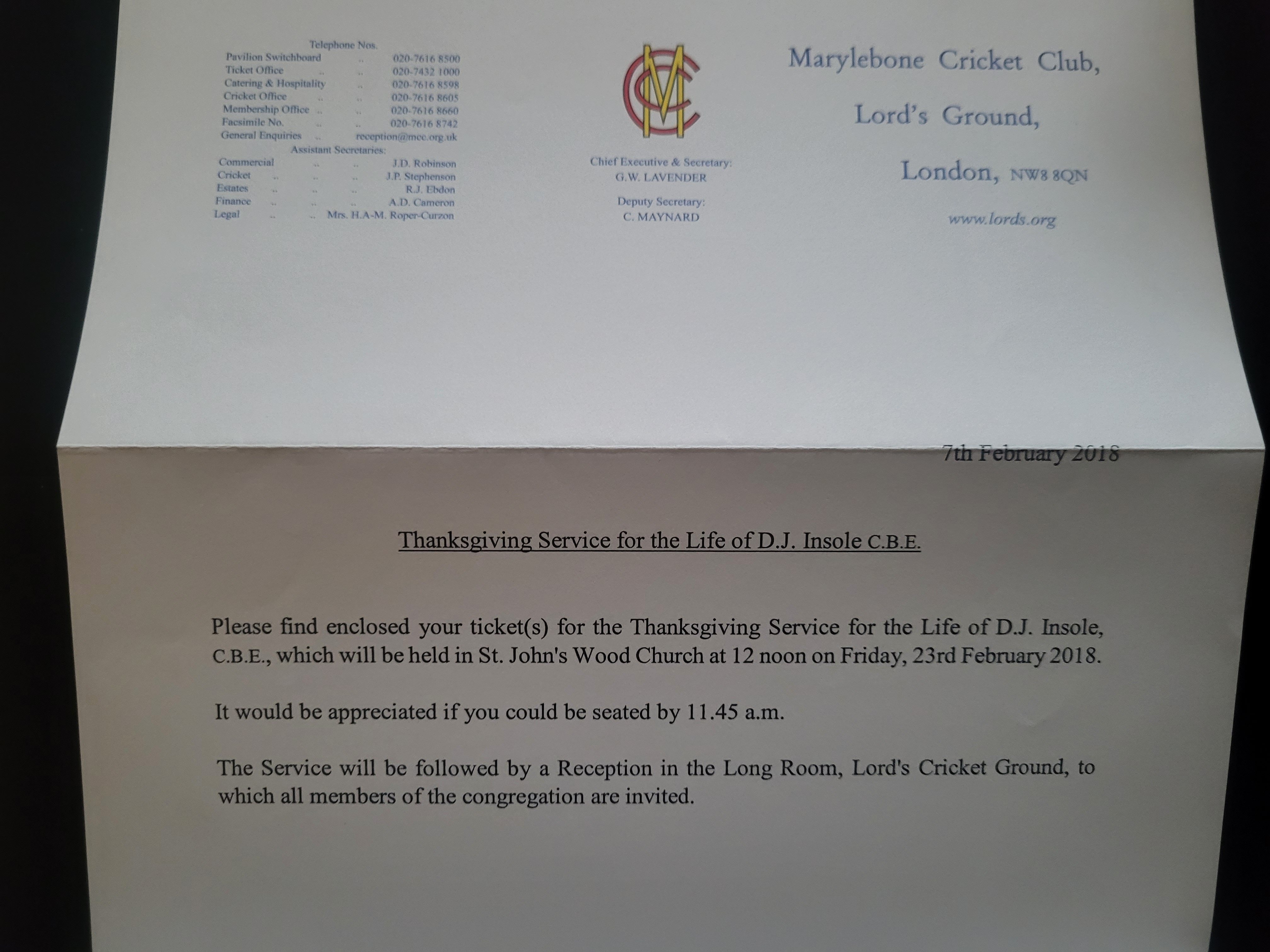 CRICKET DOUGLAS INSOLE THANKSGIVING SERVICE, M C C LETTER & TICKET - Image 2 of 3