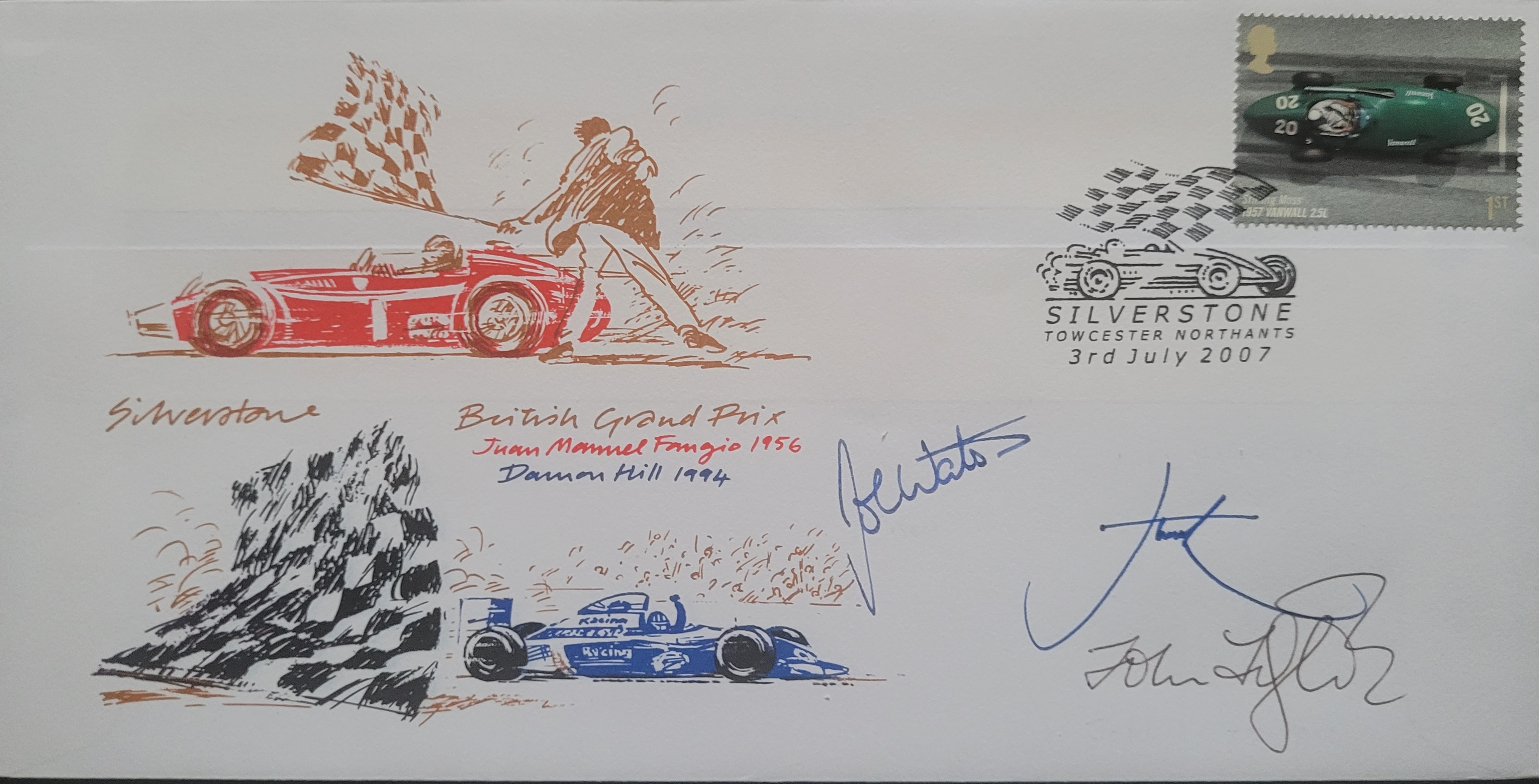 SLVERSTONE MOTOR RACING LTD EDITION POSTAL COVER AUTOGRAPHED BY WATSON, LORD HESKETH & FITZPATRICK