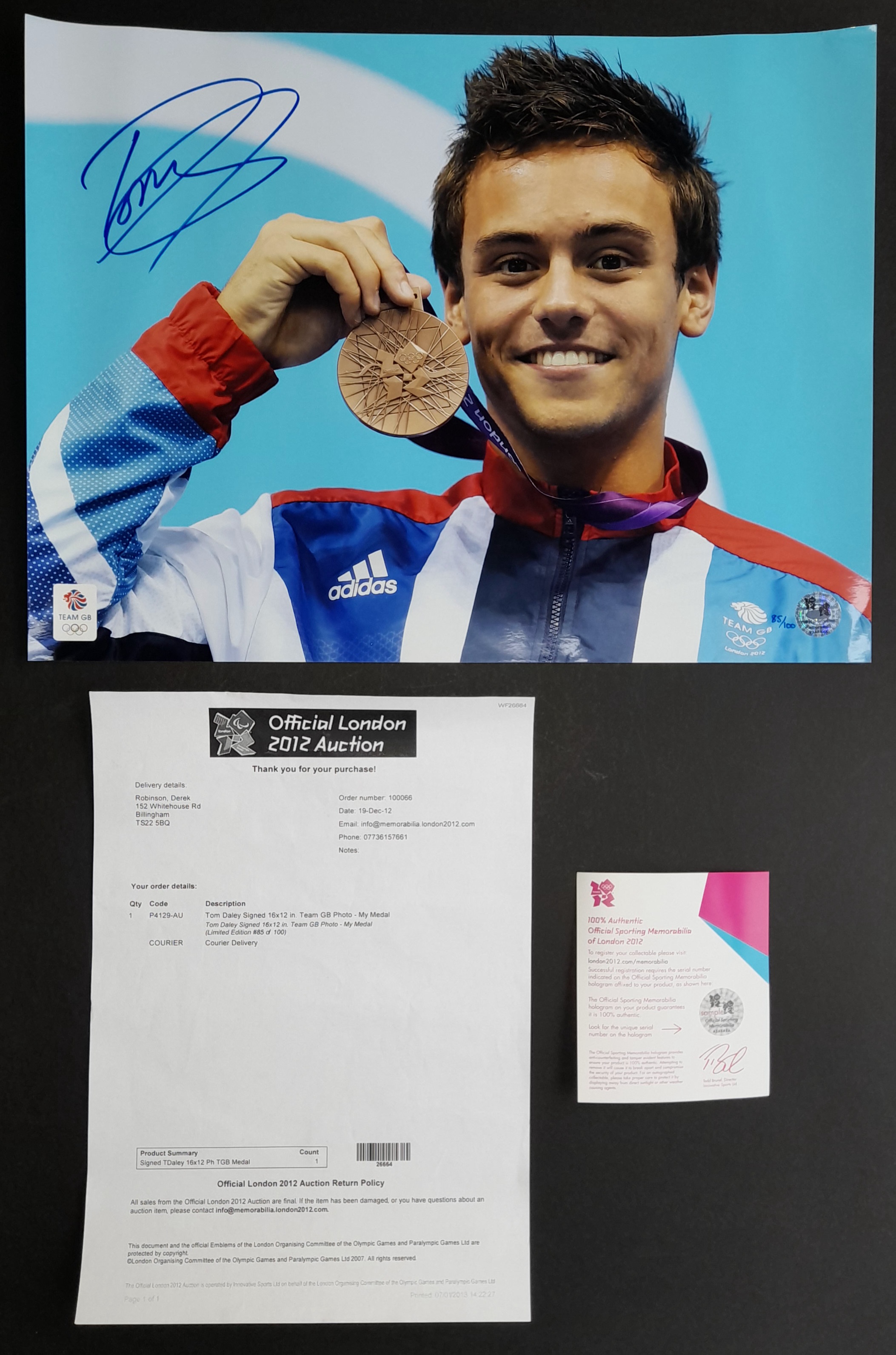 2012 OLYMPICS TOM DALEY OFFICIAL SIGNED PHOTO