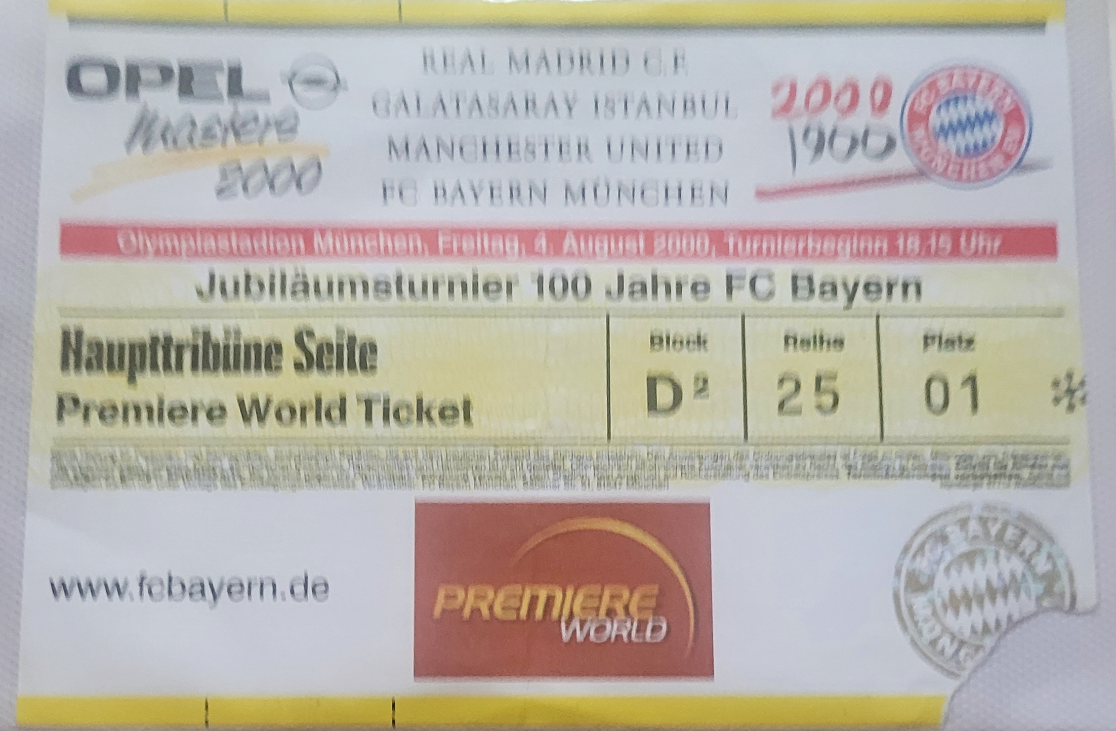 2000 REAL MADRID V MANCHESTER UNITED OPEL MASTERS TOURNAMENT PLAYED IN GERMANY TICKET