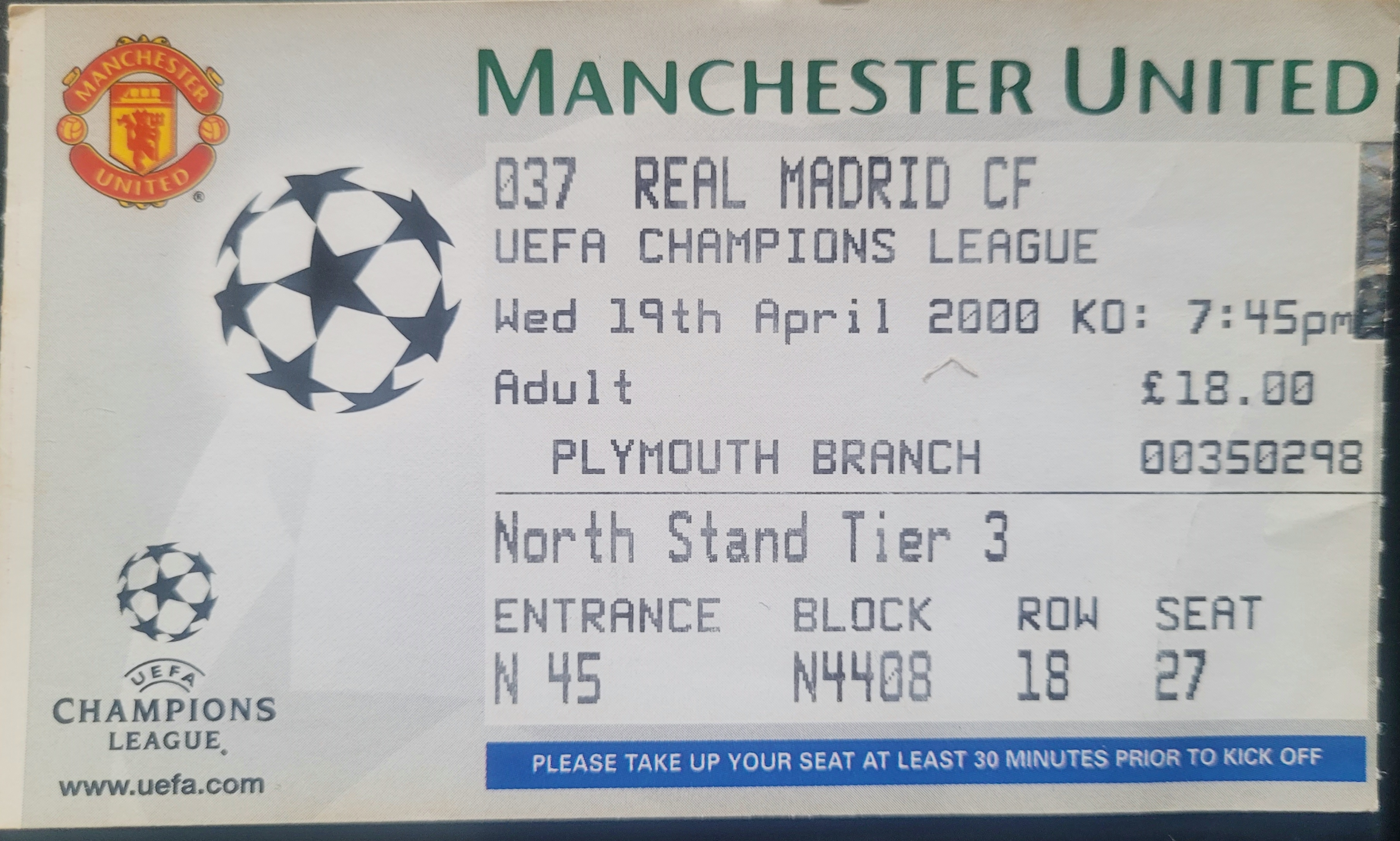 1999-2000 MANCHESTER UNITED V REAL MADRID CHAMPIONS LEAGUE TICKET