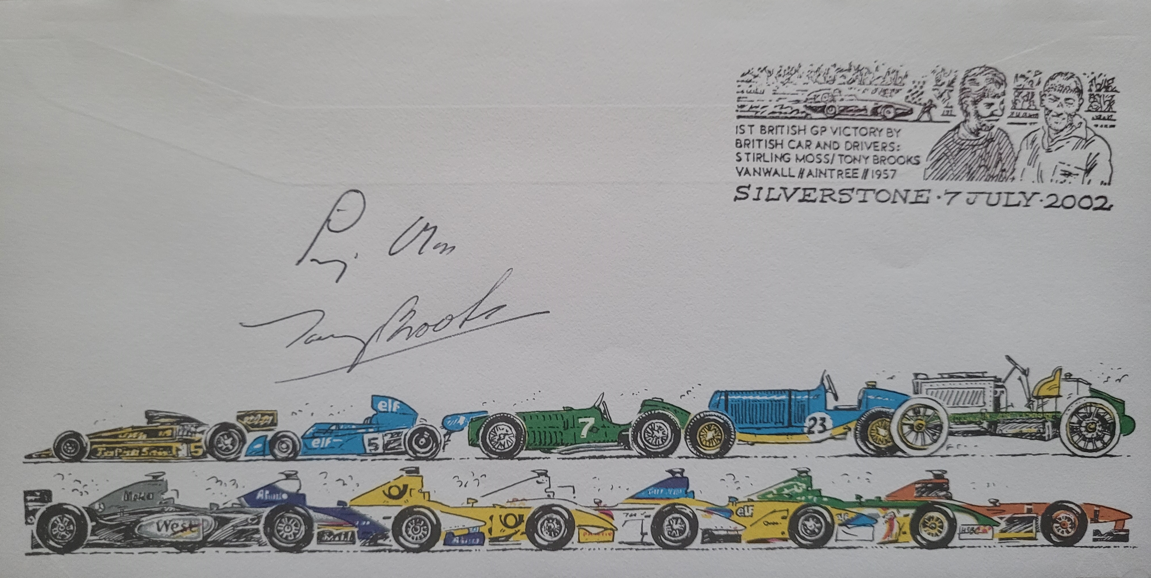 2002 SLVERSTONE MOTOR RACING LTD EDITION POSTAL COVER AUTOGRAPHED BY STIRLING MOSS & TONY BROOKES