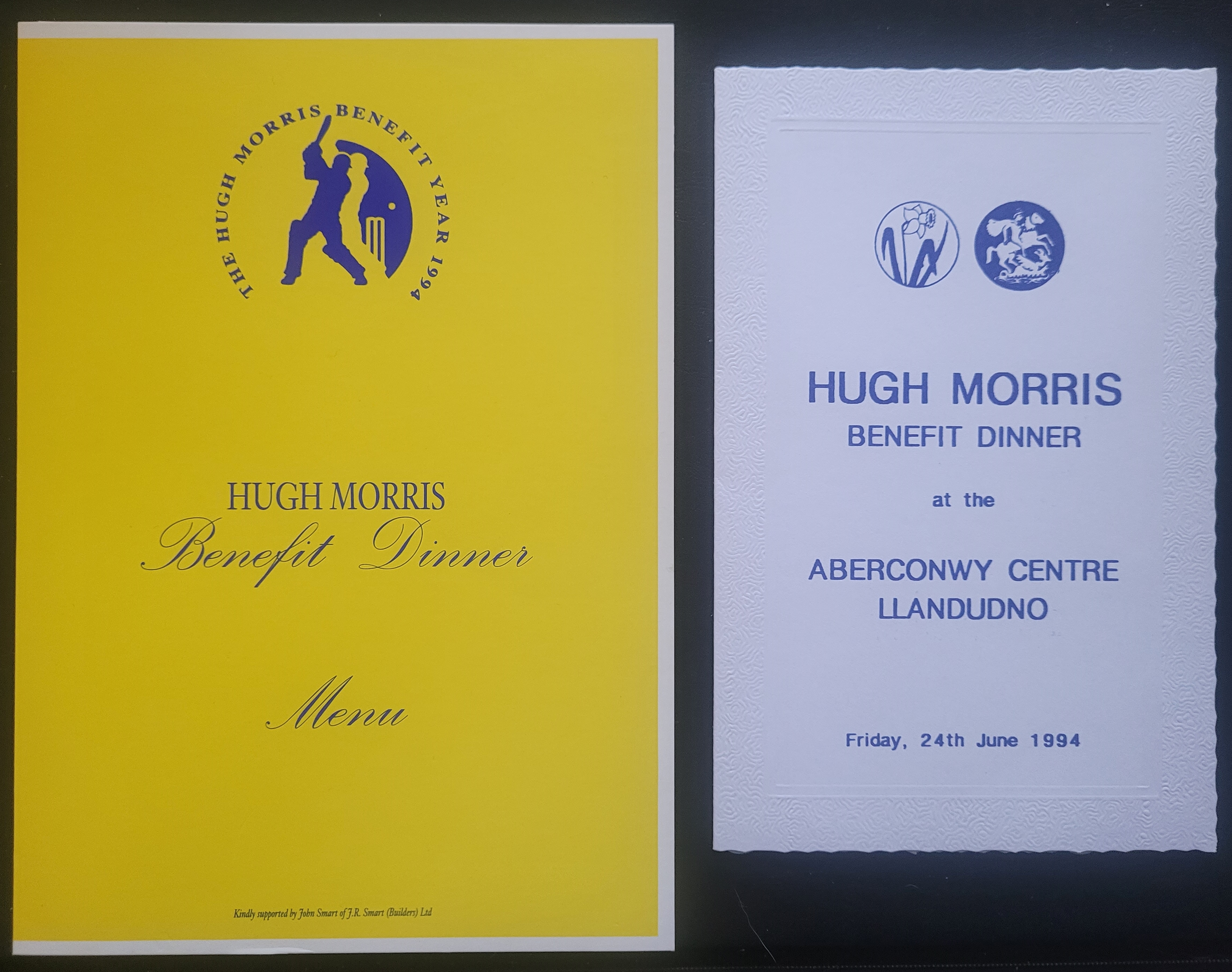 CRICKET GLAMORGAN HUGH MORRIS BENEFIT DINNER MENU'S & TICKETS