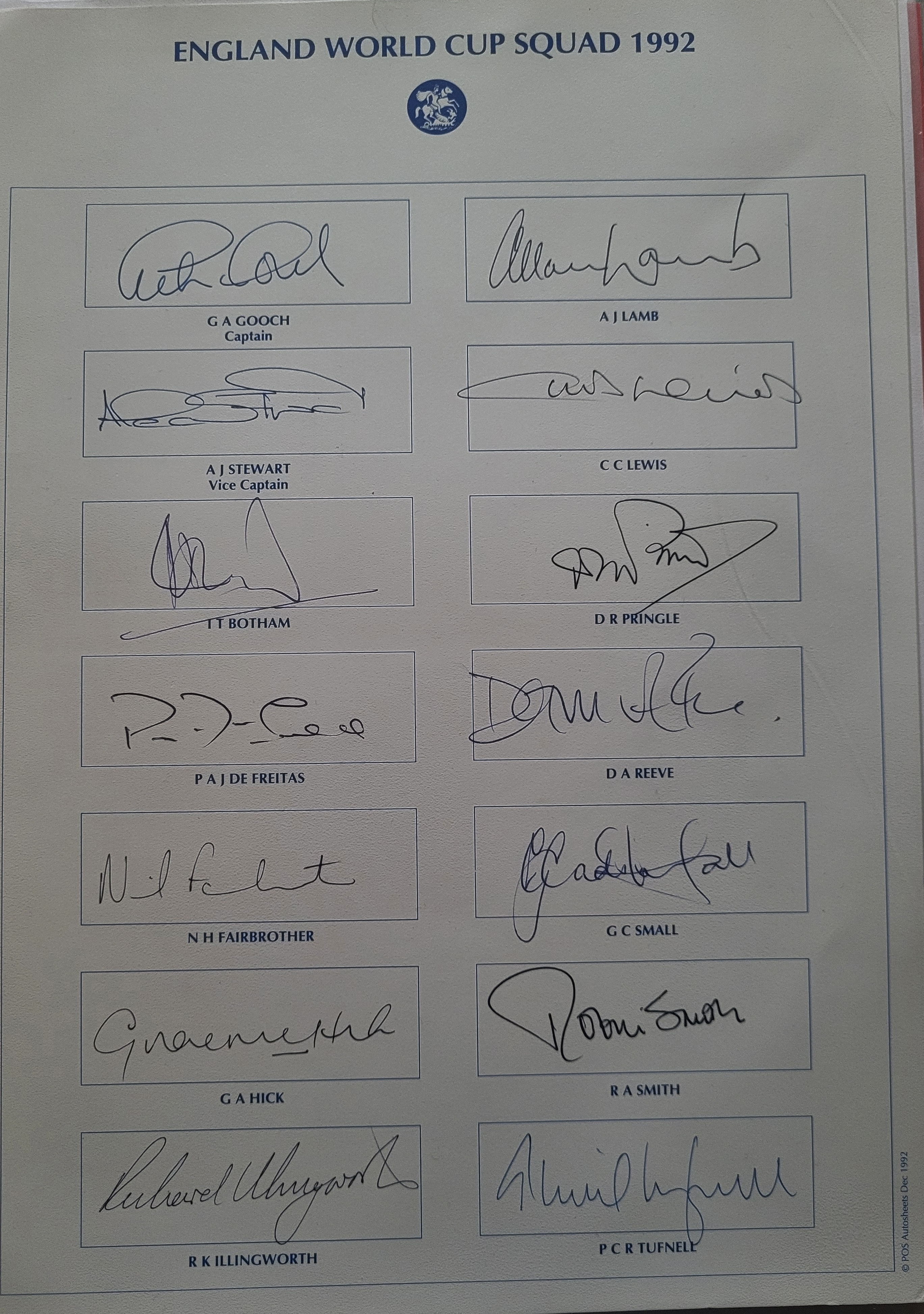 CRICKET 1992 ENGLAND WORLD CUP SQUAD AUTOGRAPH SHEET