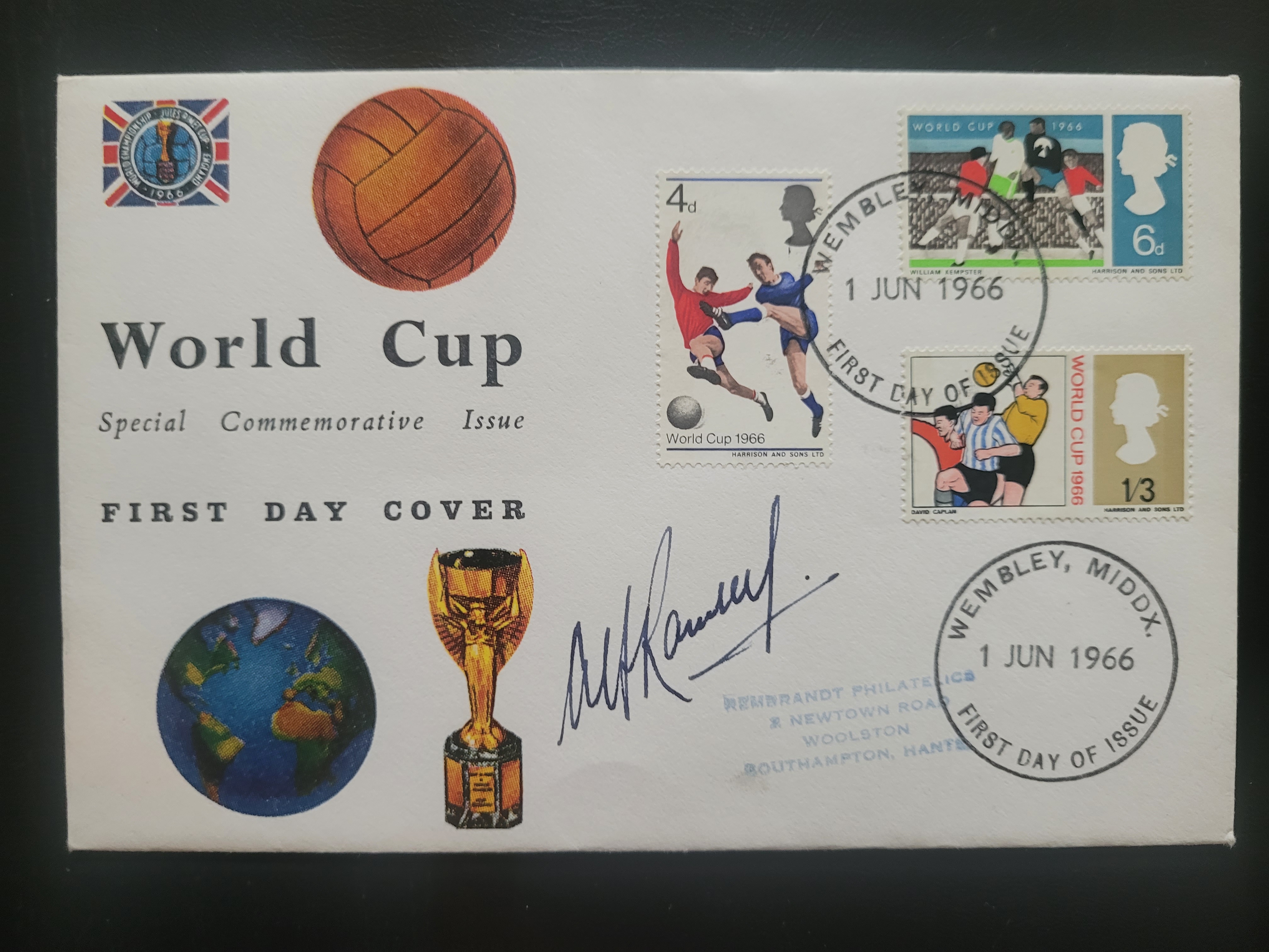 1966 WORLD CUP 1ST DAY COVER FRANKED HARROW & WEMBLEY AUTOGRAPHED BY ALF RAMSEY