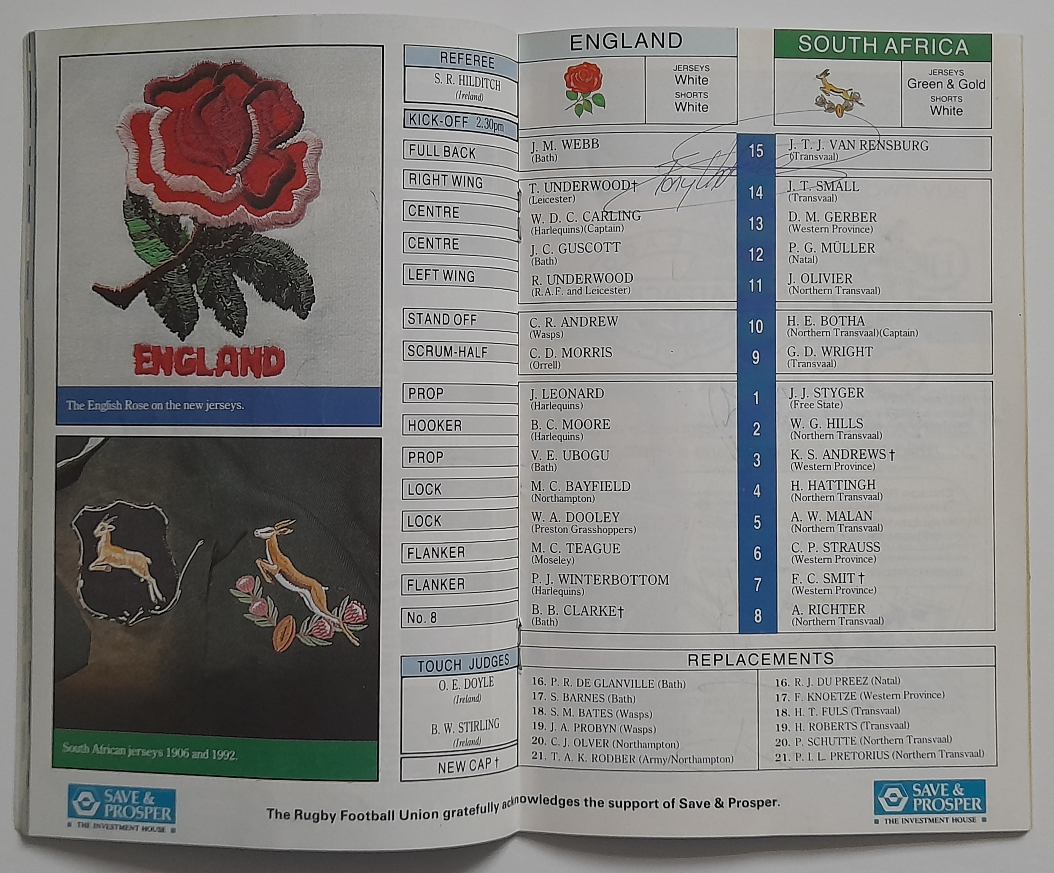 1992 RUGBY UNION ENGLAND V SOUTH AFRICA MULTI AUTOGRAPHED PROGRAMME - Image 5 of 11