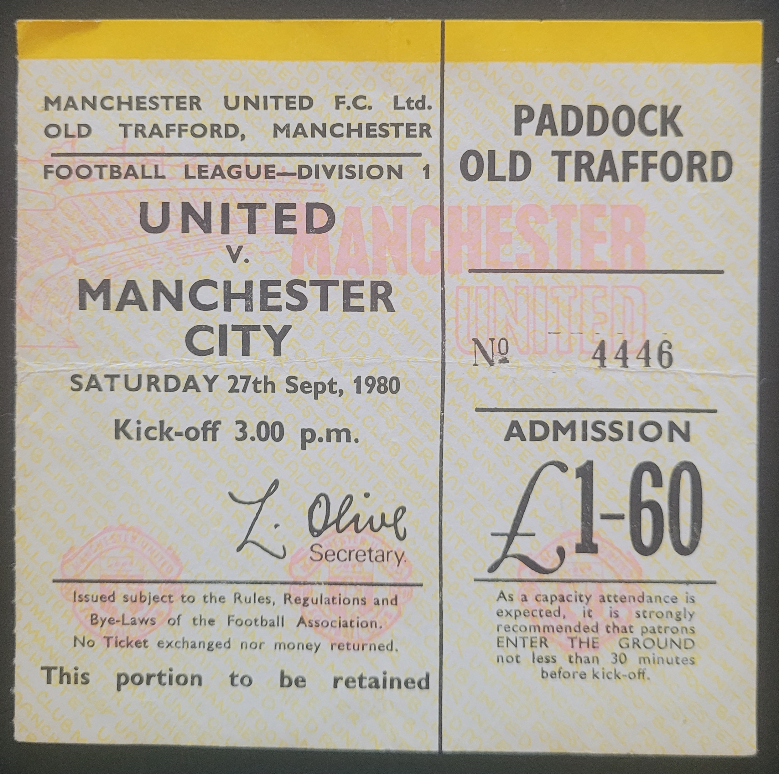 1980-81 MANCHESTER UNITED V MANCHESTER CITY TICKET